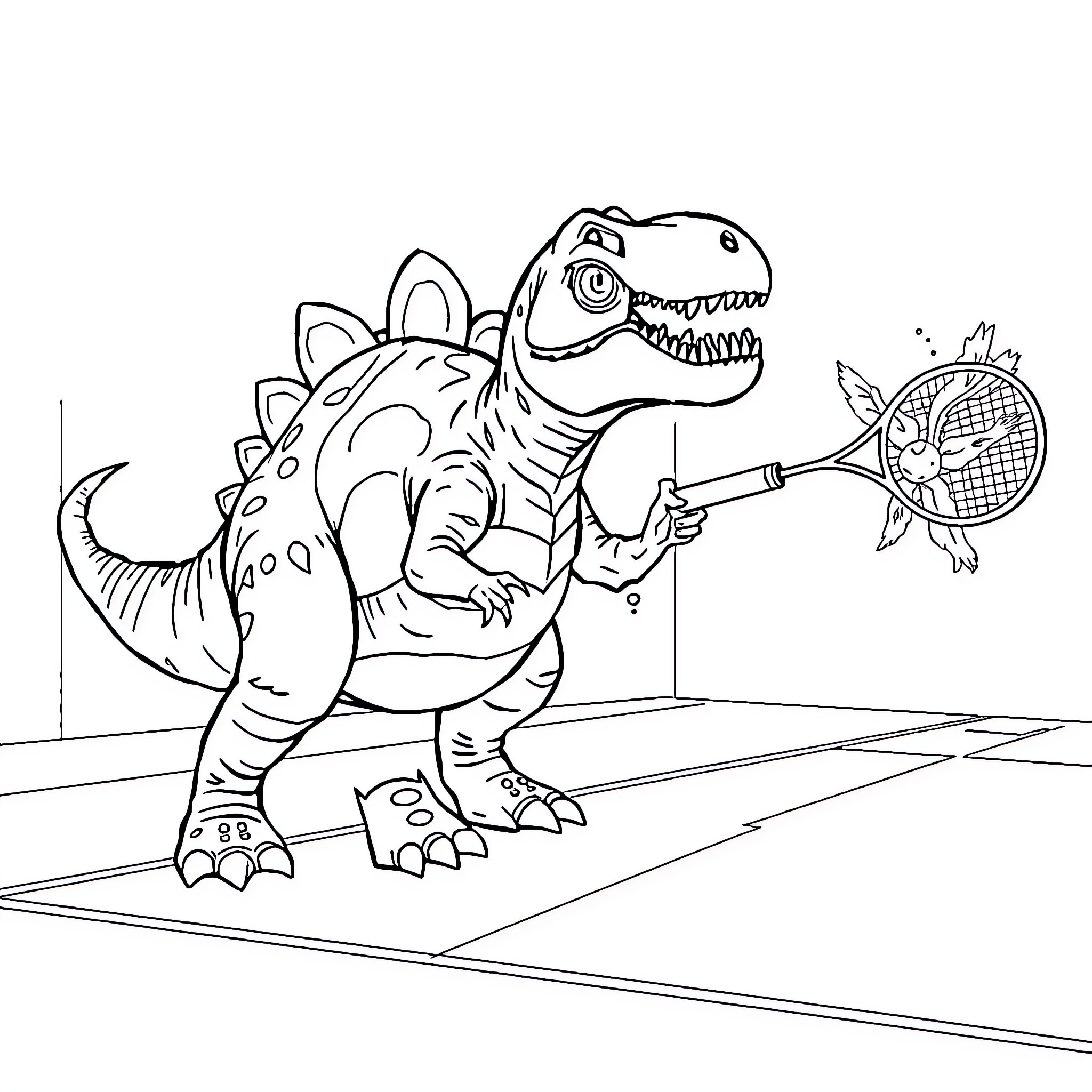 Tyrannosaurus playing with butterfly net Coloring Page (free black-and-white line drawing printable PDF for all, from beginners to advanced learners, including children, teens, adults, and seniors)