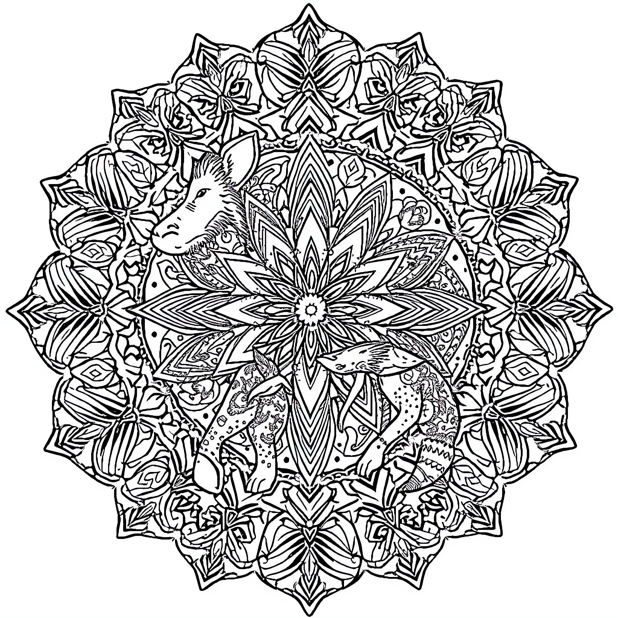 Animal floral mandala with intricate designs Coloring Page (free black-and-white line drawing printable PDF for all, from beginners to advanced learners, including children, teens, adults, and seniors)