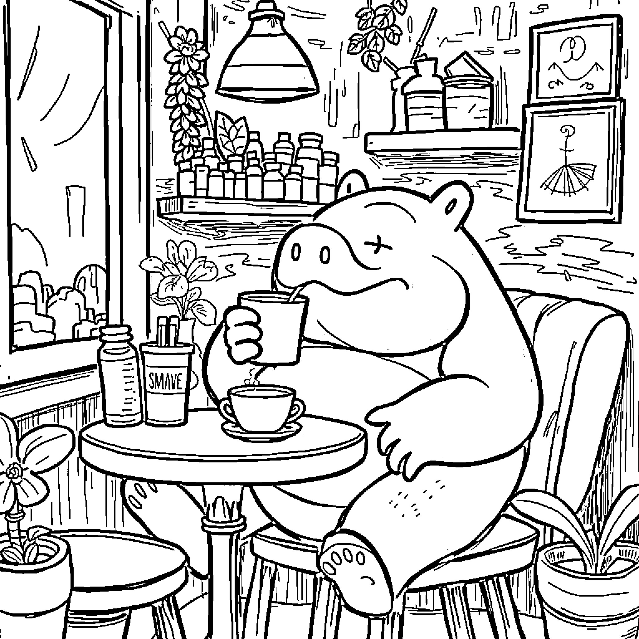 Slowbro enjoying a cozy cafe in a cluttered interior Coloring Page (free black-and-white line drawing printable PDF for all, from beginners to advanced learners, including children, teens, adults, and seniors)