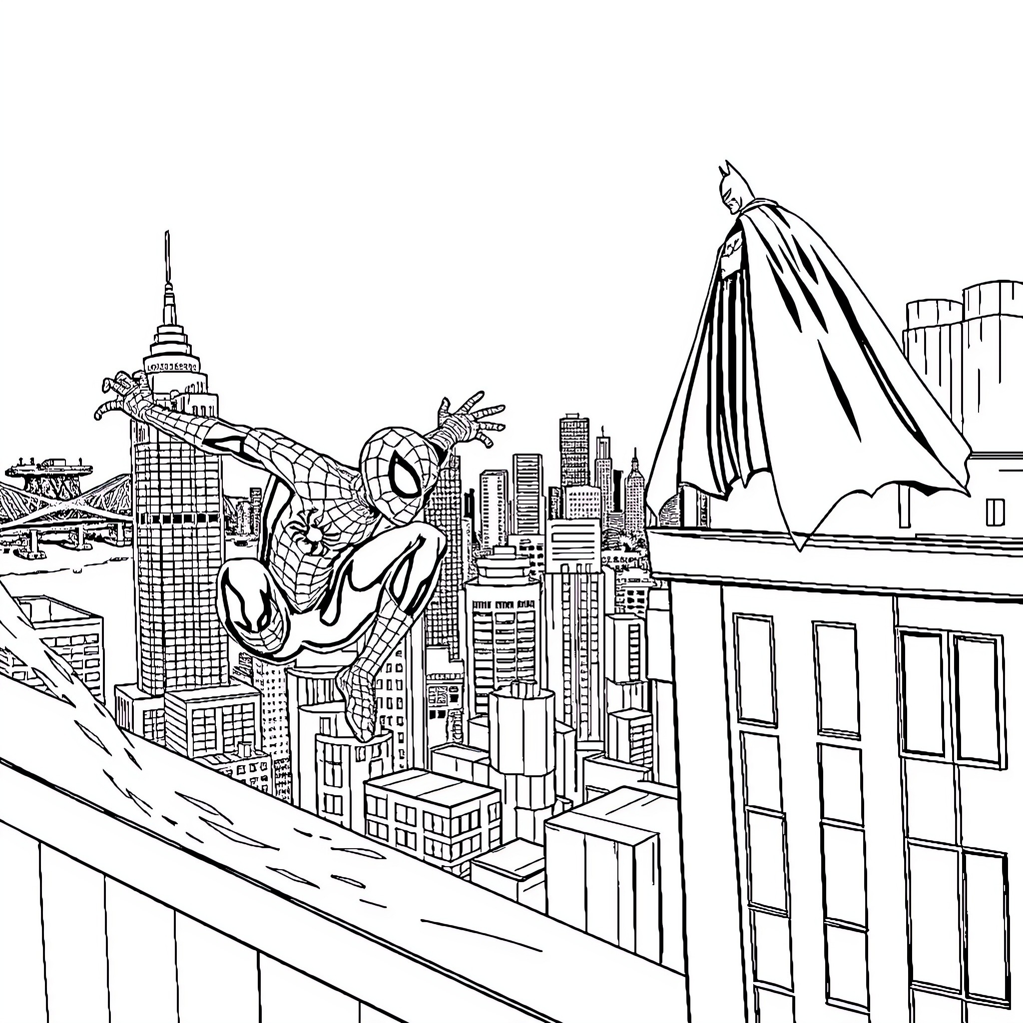 Spider-Man swinging through the cityscape Coloring Page (free black-and-white line drawing printable PDF for all, from beginners to advanced learners, including children, teens, adults, and seniors)