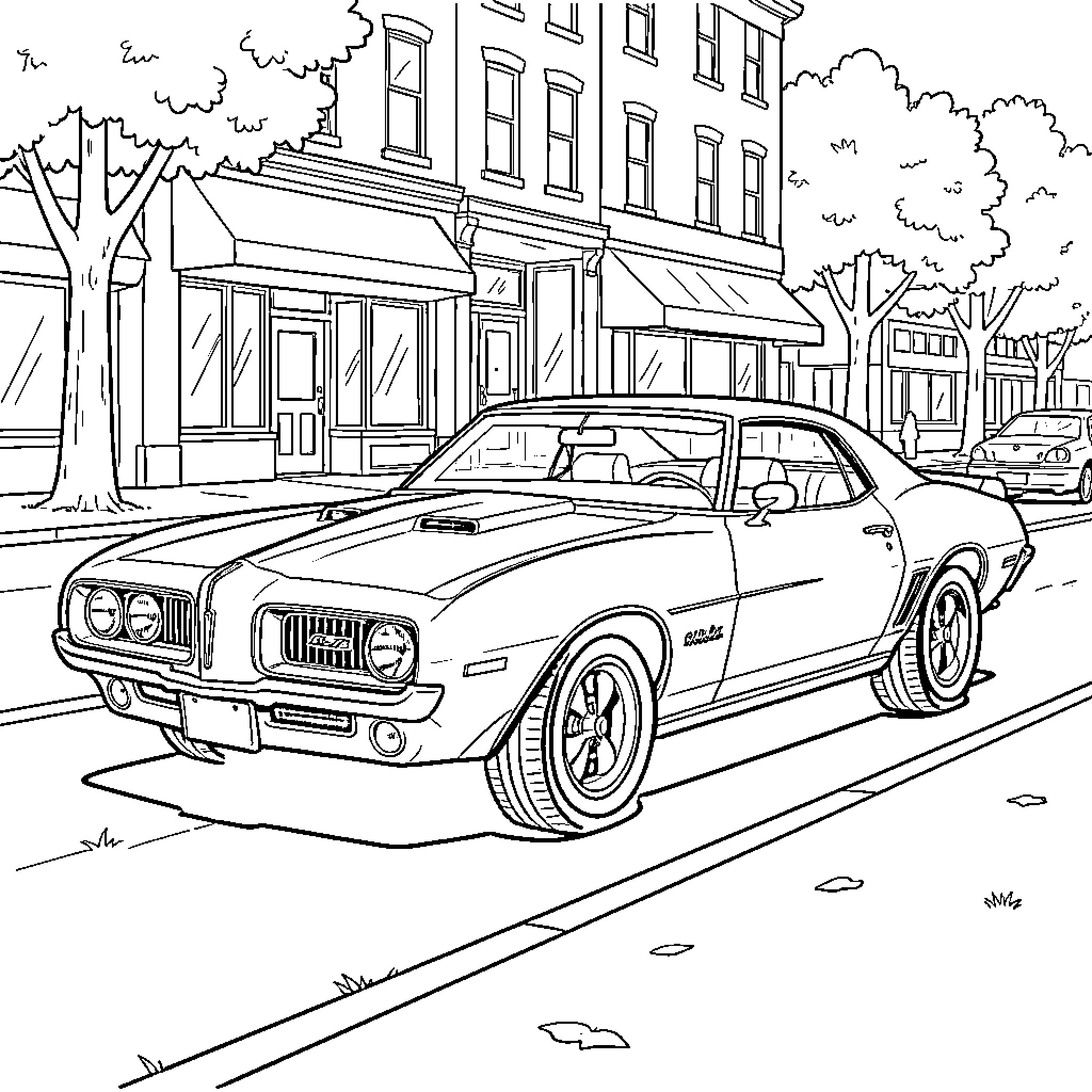 Pontiac muscle car parked on a city street Coloring Page (free black-and-white line drawing printable PDF for all, from beginners to advanced learners, including children, teens, adults, and seniors)