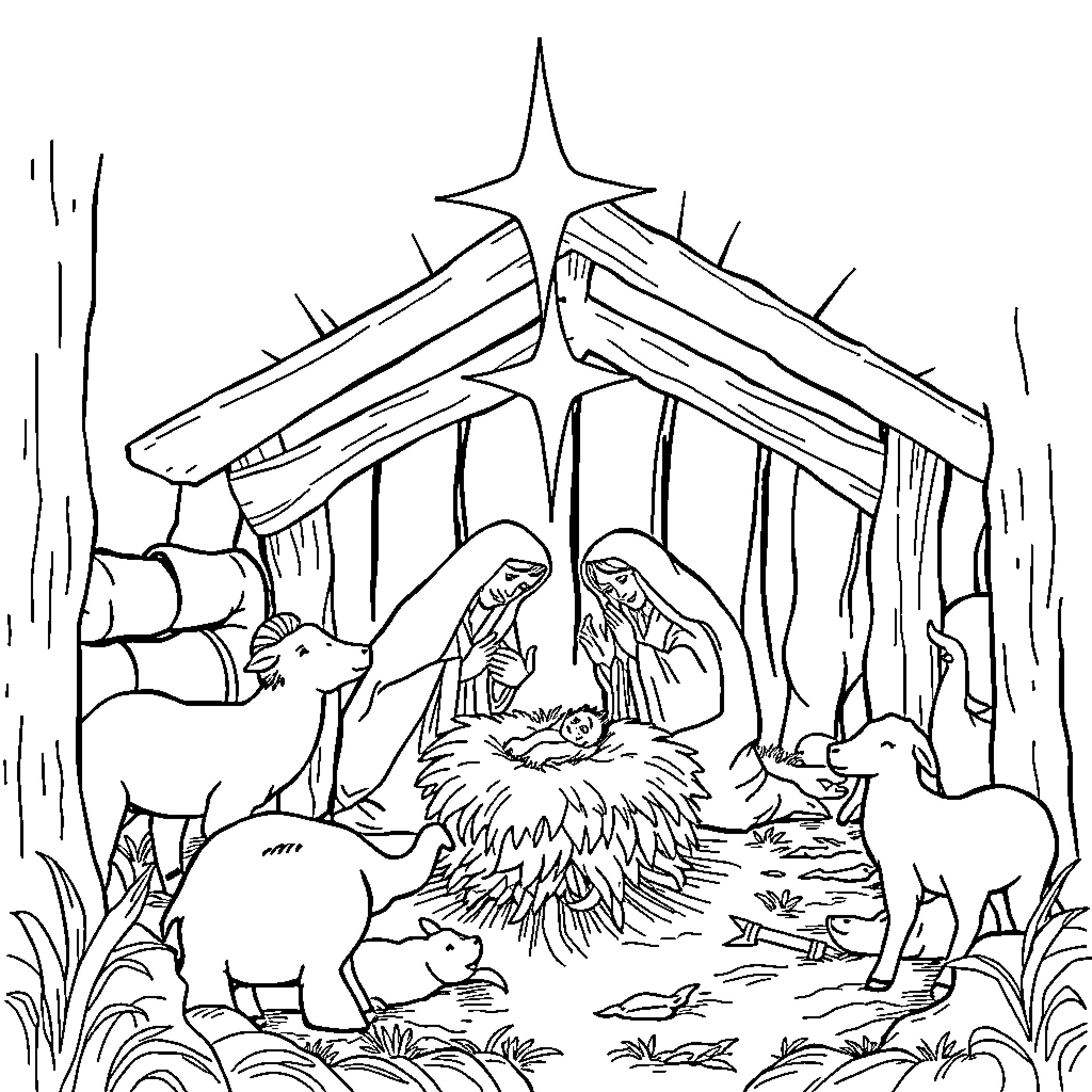 Bible Story of Baby Jesus' Nativity Scene Coloring Page (free black-and-white line drawing printable PDF for all, from beginners to advanced learners, including children, teens, adults, and seniors)