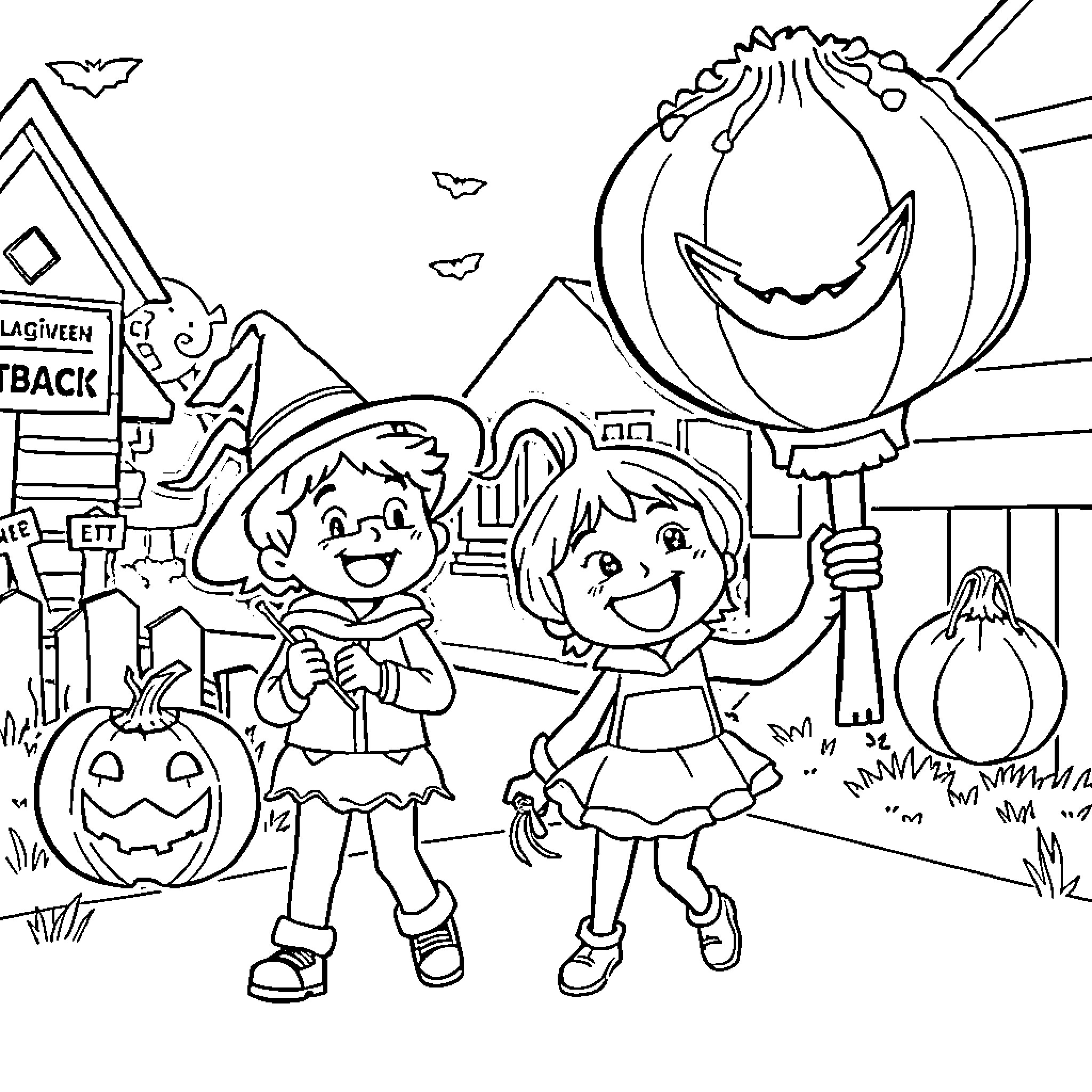 Onion Children Joyfully Celebrating Halloween Coloring Page (free black-and-white line drawing printable PDF for all, from beginners to advanced learners, including children, teens, adults, and seniors)