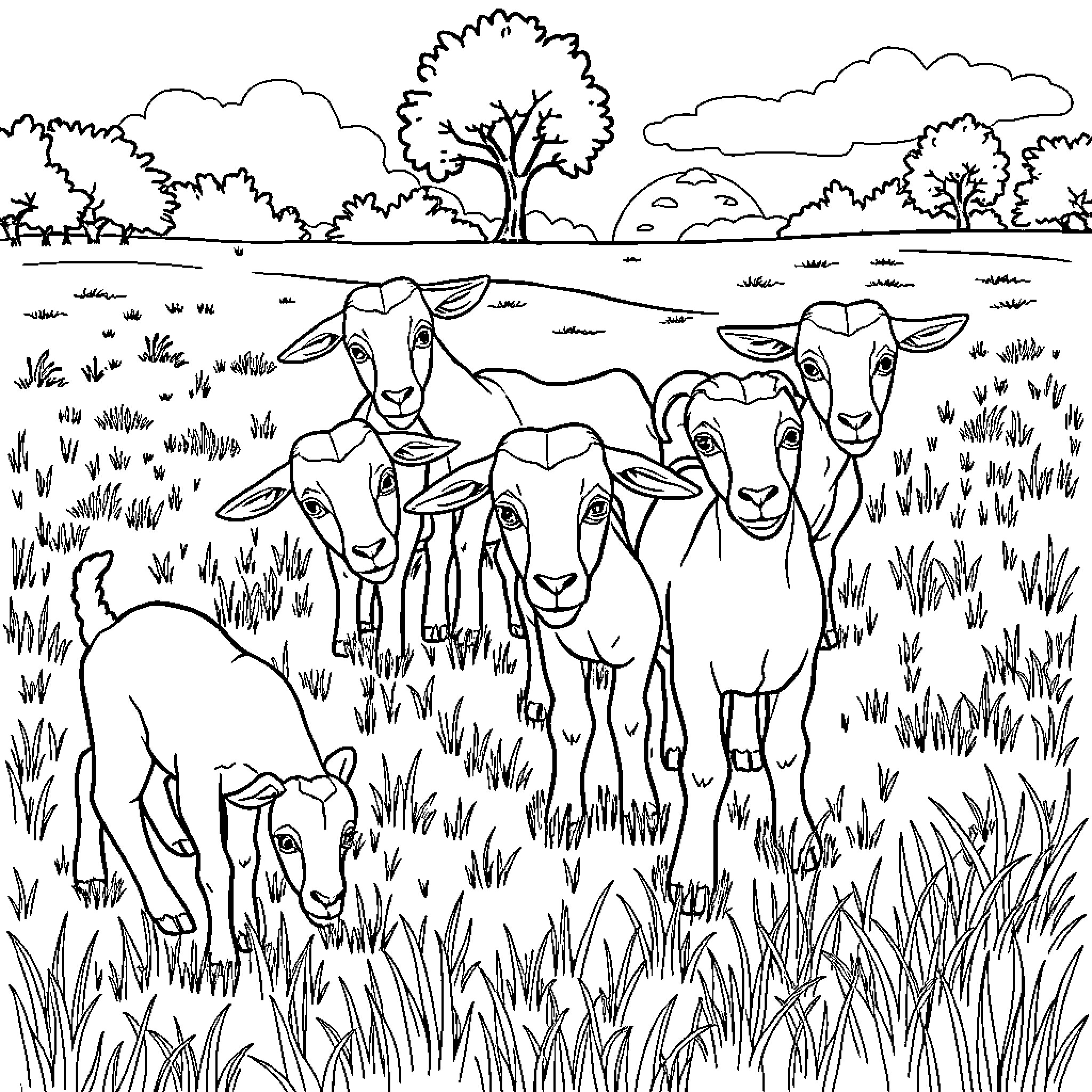 Goats grazing peacefully in a pastoral landscape Coloring Page (free black-and-white line drawing printable PDF for all, from beginners to advanced learners, including children, teens, adults, and seniors)
