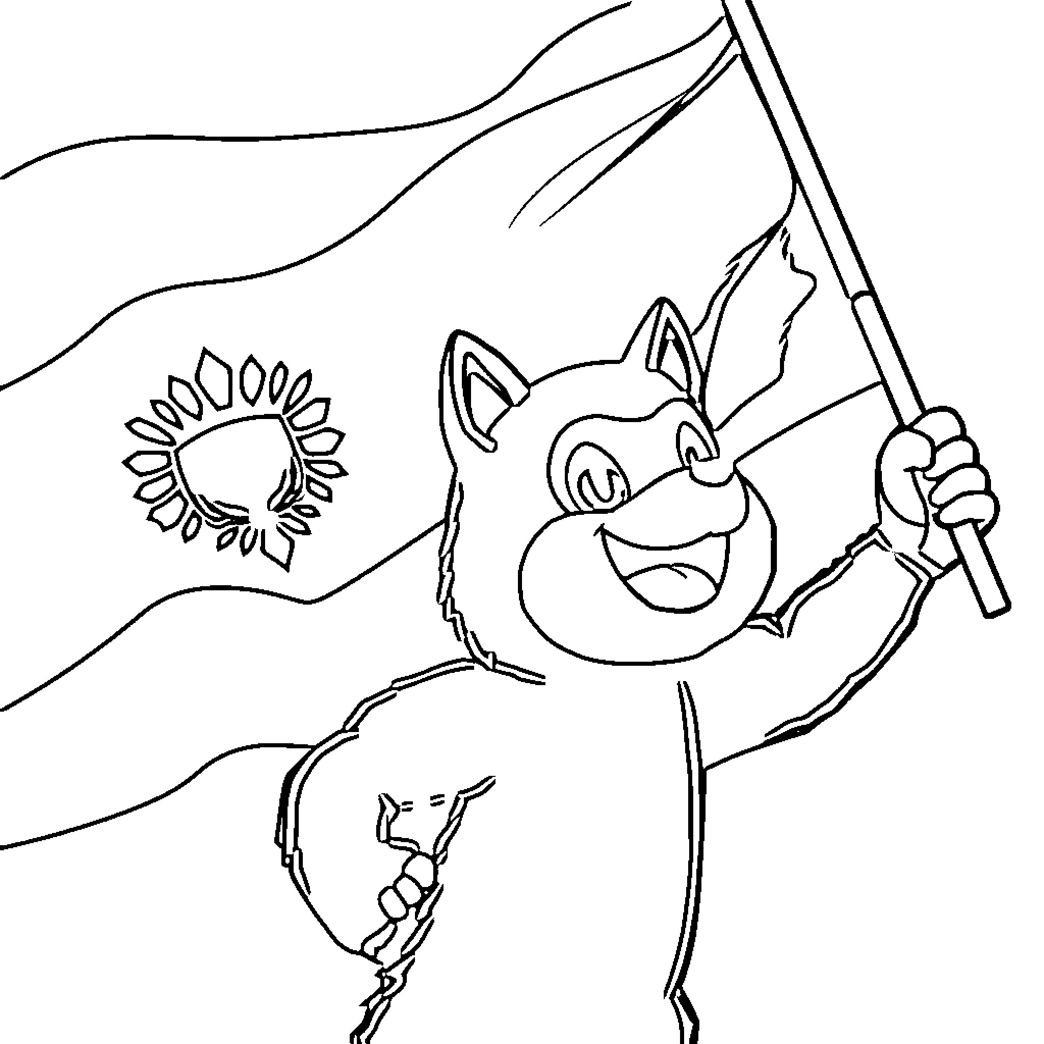 Kuromi carrying a flag and a sunflower Coloring Page (free black-and-white line drawing printable PDF for all, from beginners to advanced learners, including children, teens, adults, and seniors)