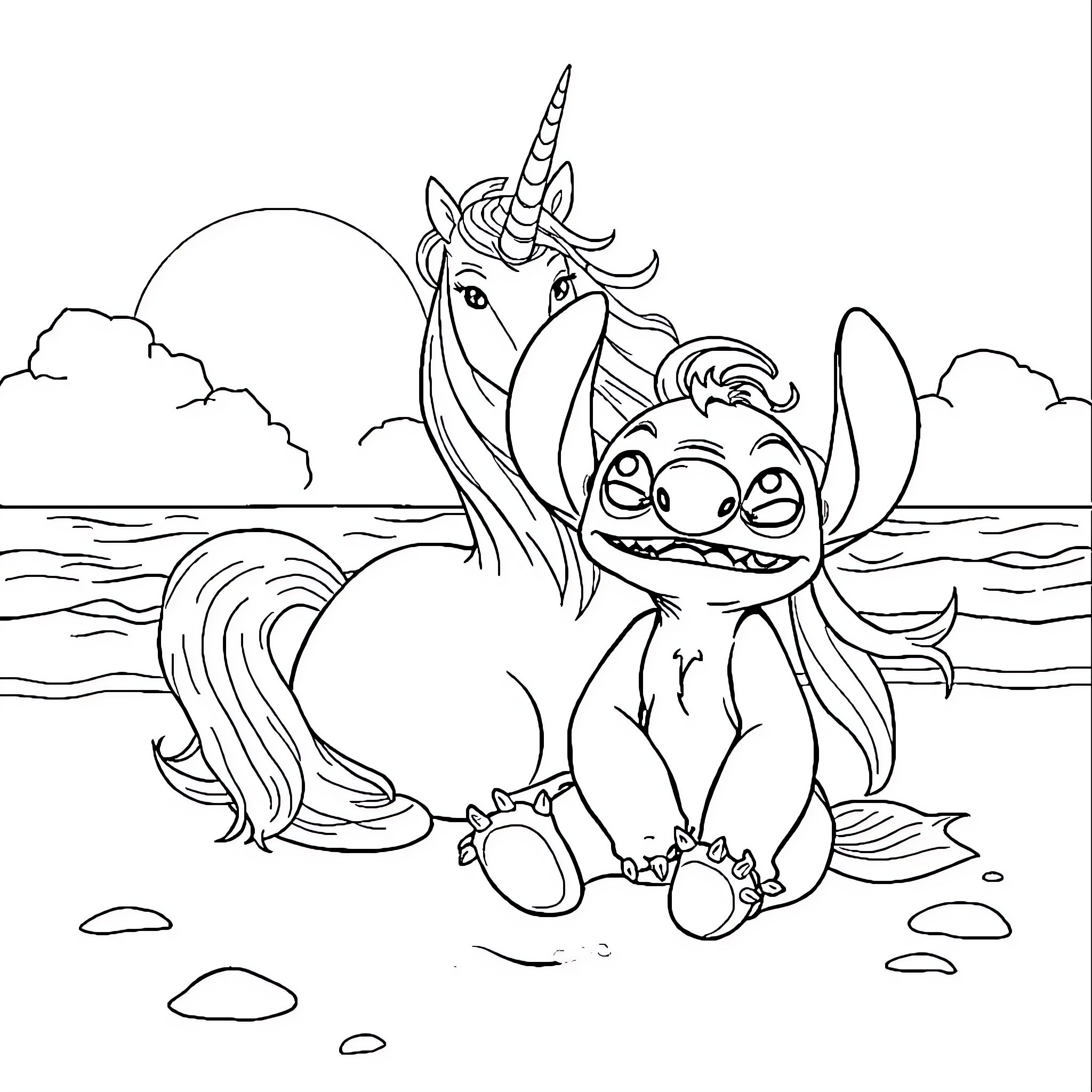 Stitch of a Playful Unicorn by the Sea Coloring Page (free black-and-white line drawing printable PDF for all, from beginners to advanced learners, including children, teens, adults, and seniors)