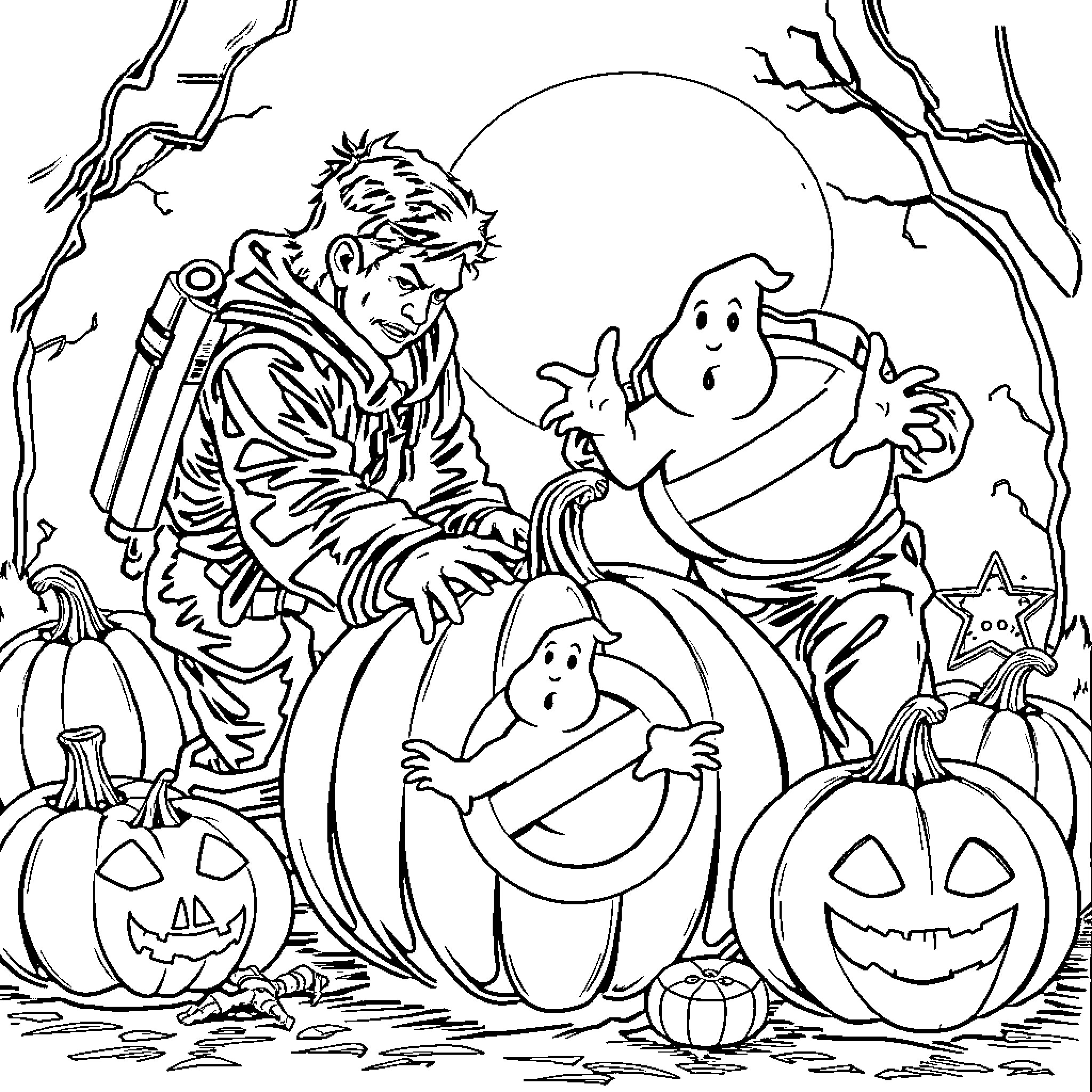 Ghostbusters Halloween Celebration with Spooky Characters Coloring Page (free black-and-white line drawing printable PDF for all, from beginners to advanced learners, including children, teens, adults, and seniors)