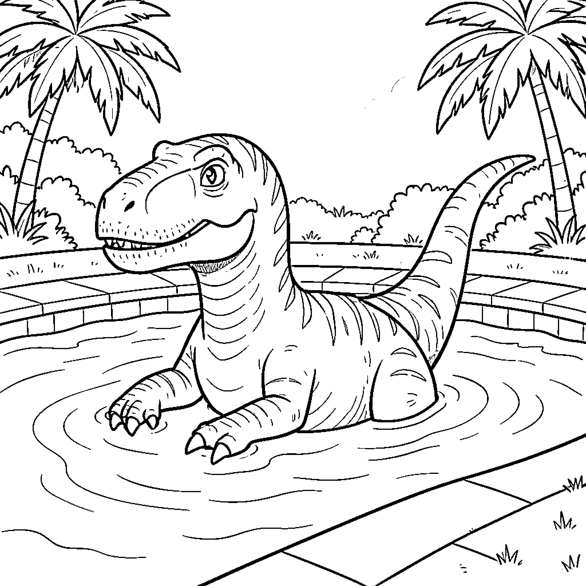 T-Rex relaxing in a swimming pool Coloring Page (free black-and-white line drawing printable PDF for all, from beginners to advanced learners, including children, teens, adults, and seniors)