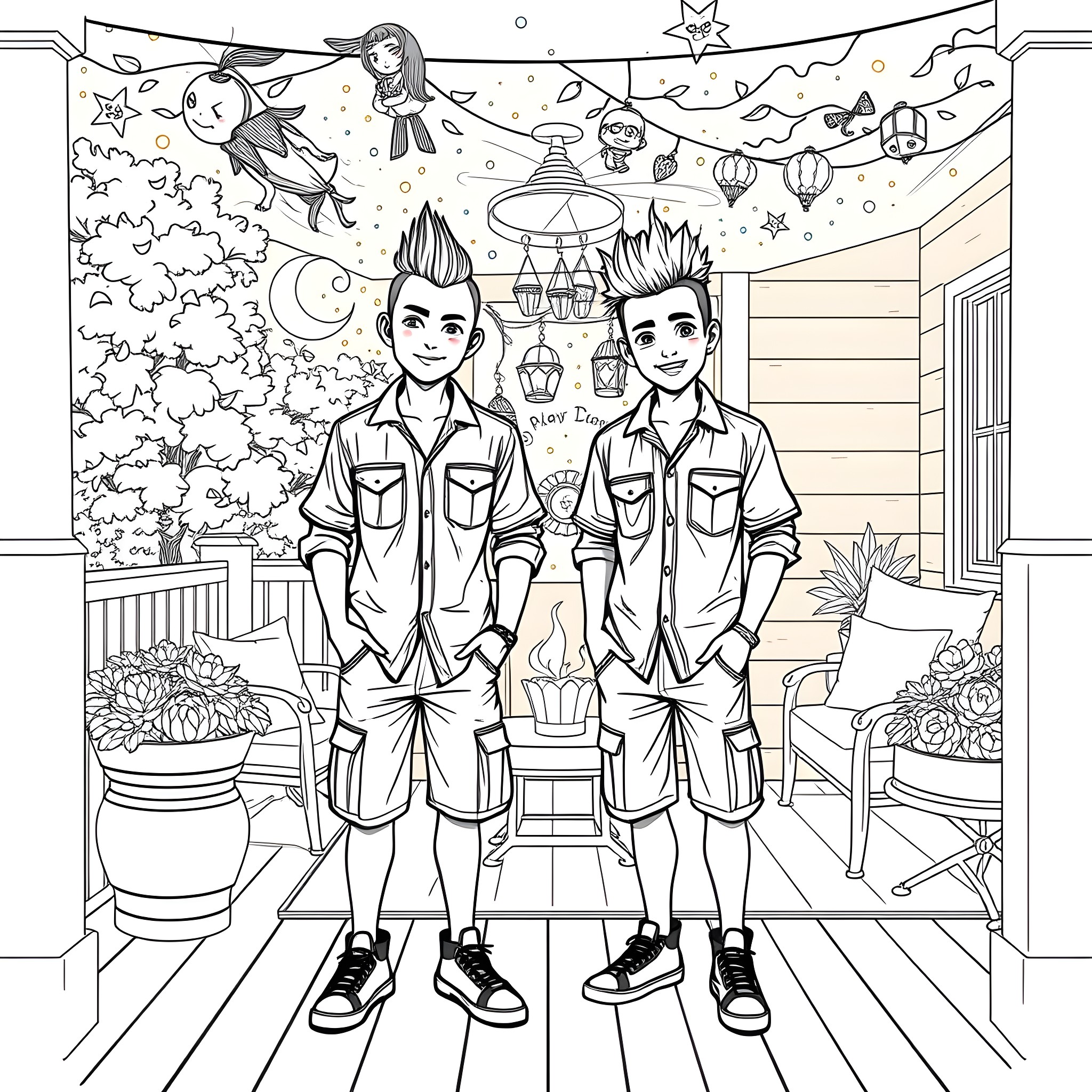 Teen Guys Explore Fantastical Outdoor Scene Coloring Page (free black-and-white line drawing printable PDF for all, from beginners to advanced learners, including children, teens, adults, and seniors)