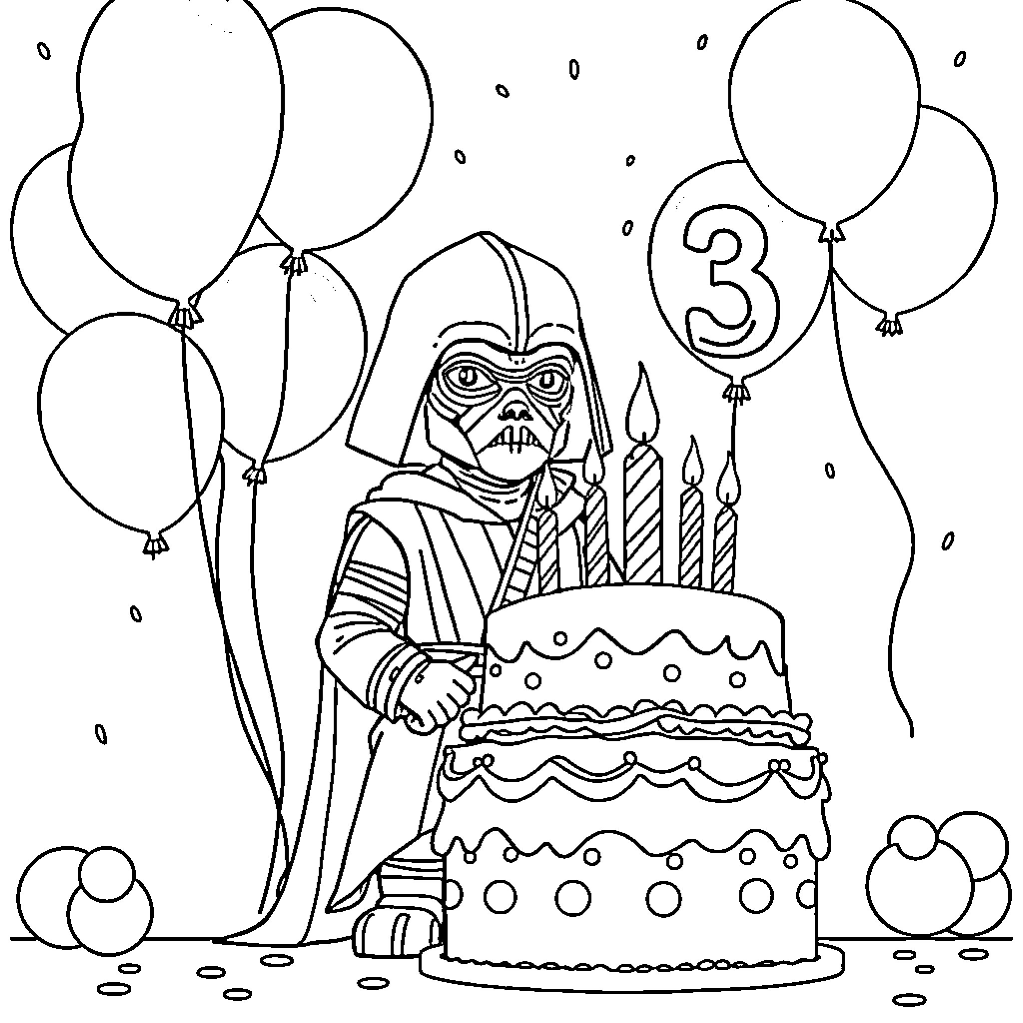 Kylo's Birthday Celebration with Balloons Coloring Page (free black-and-white line drawing printable PDF for all, from beginners to advanced learners, including children, teens, adults, and seniors)
