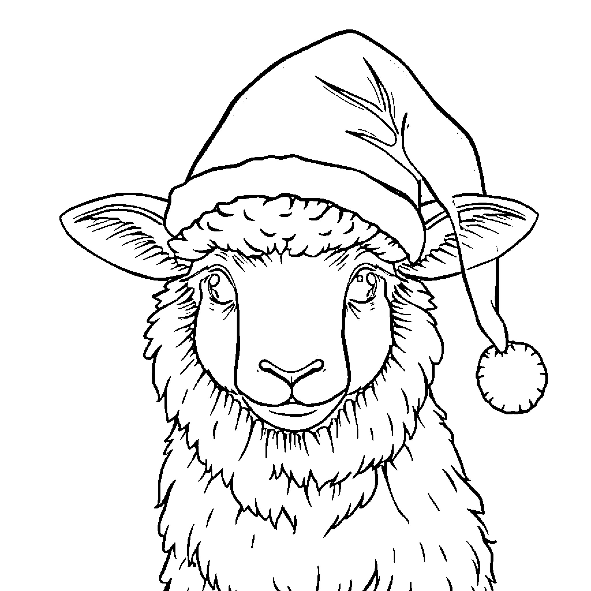 Sheep wearing a festive hat Coloring Page (free black-and-white line drawing printable PDF for all, from beginners to advanced learners, including children, teens, adults, and seniors)