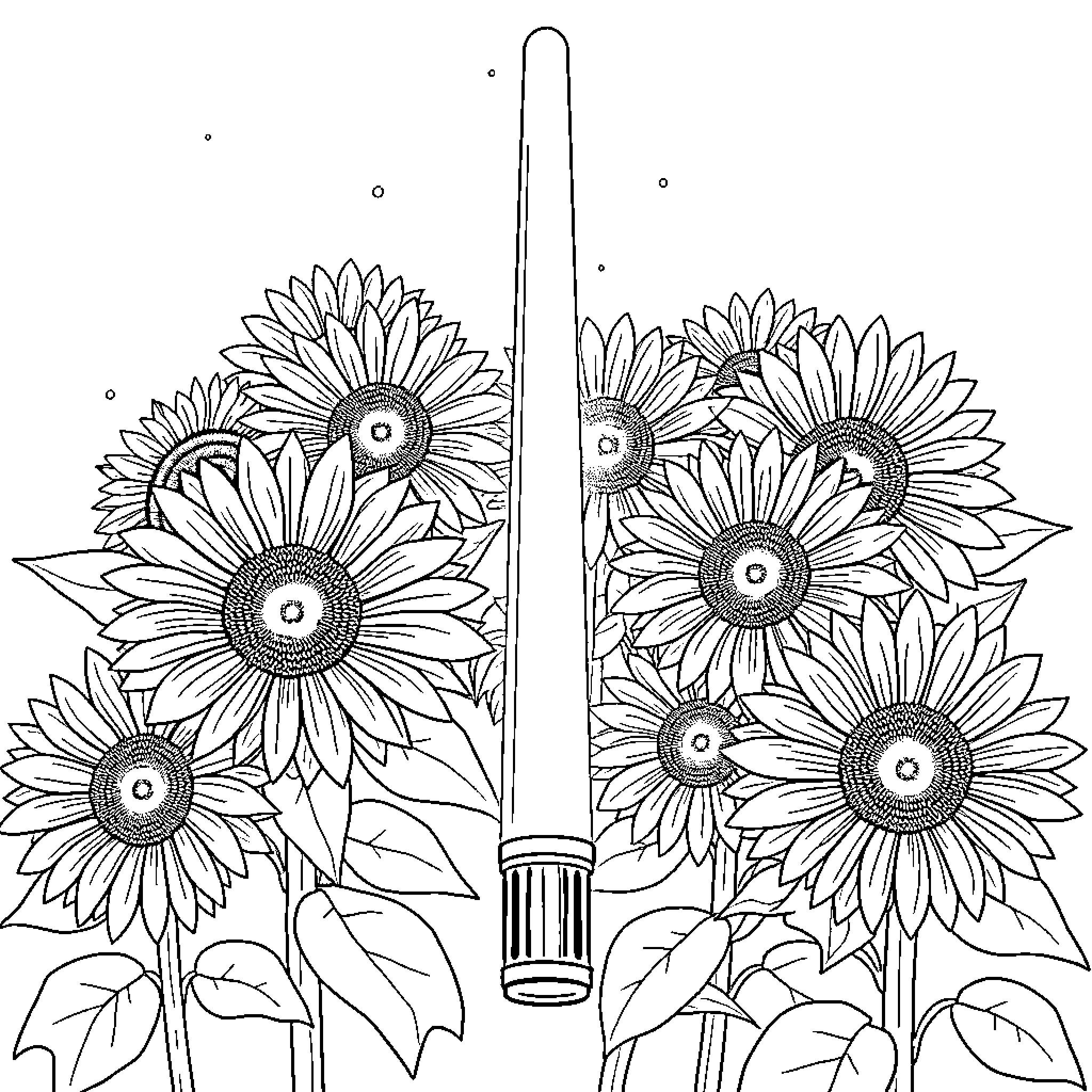 Light Saber Wielding Sunflowers in Black and White Coloring Page (free black-and-white line drawing printable PDF for all, from beginners to advanced learners, including children, teens, adults, and seniors)