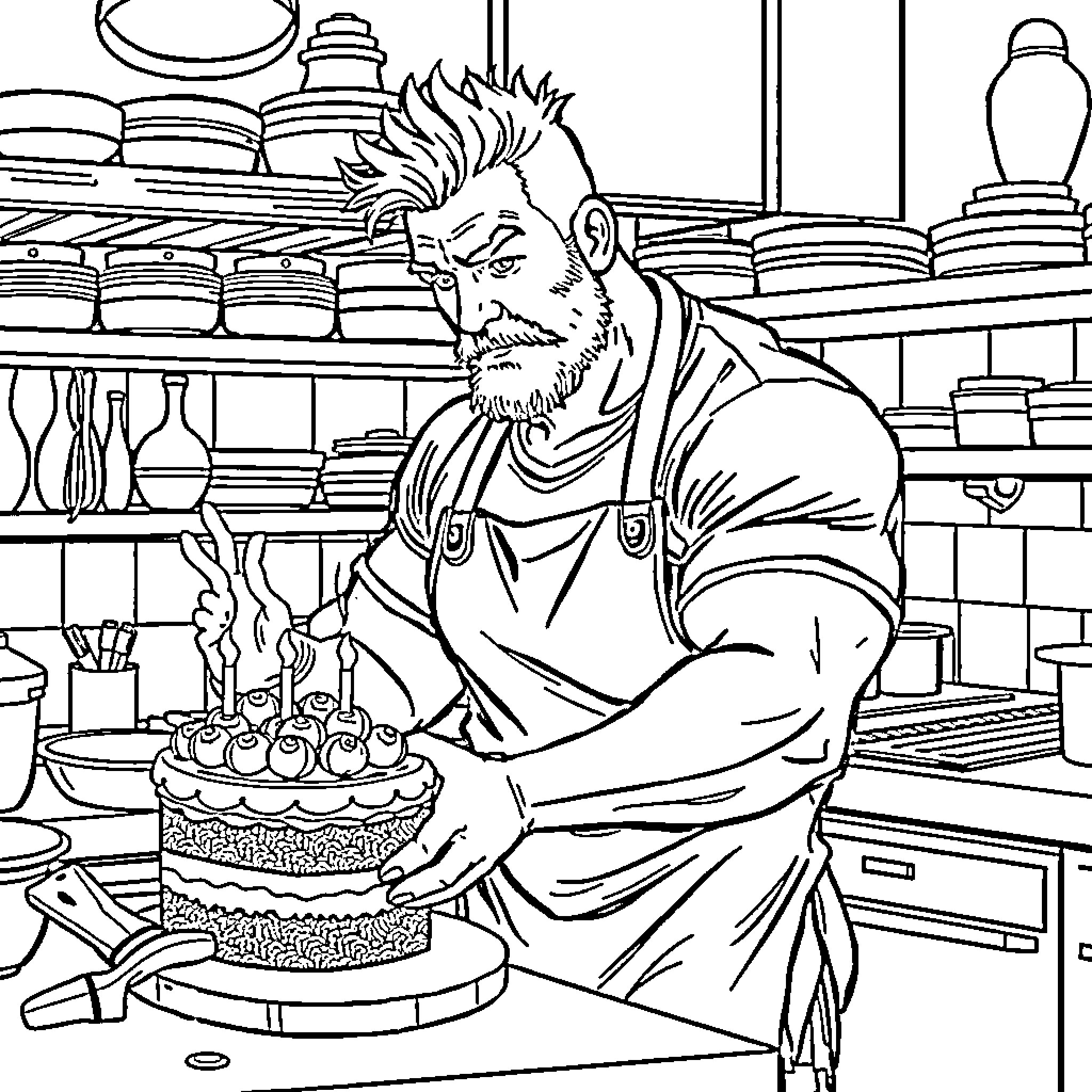 Rugby Player Baking a Cake in the Kitchen Coloring Page (free black-and-white line drawing printable PDF for all, from beginners to advanced learners, including children, teens, adults, and seniors)