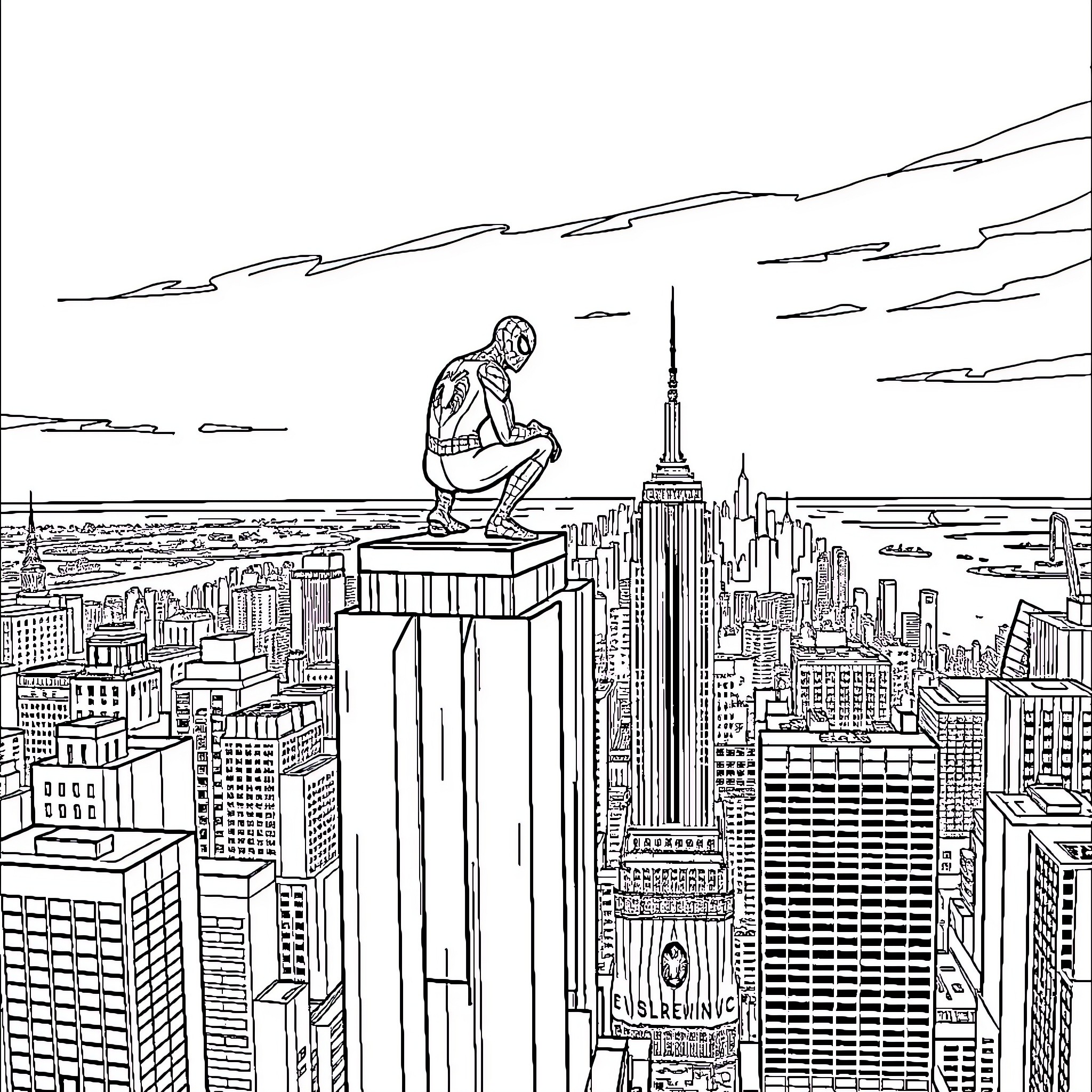 Spiderman overlooking the cityscape from a tall building Coloring Page (free black-and-white line drawing printable PDF for all, from beginners to advanced learners, including children, teens, adults, and seniors)