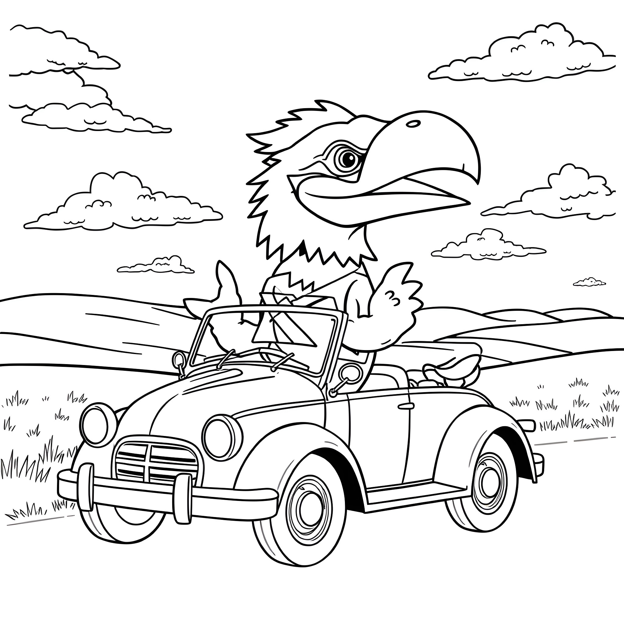 Jayhawk driving a vintage car on the road Coloring Page (free black-and-white line drawing printable PDF for all, from beginners to advanced learners, including children, teens, adults, and seniors)