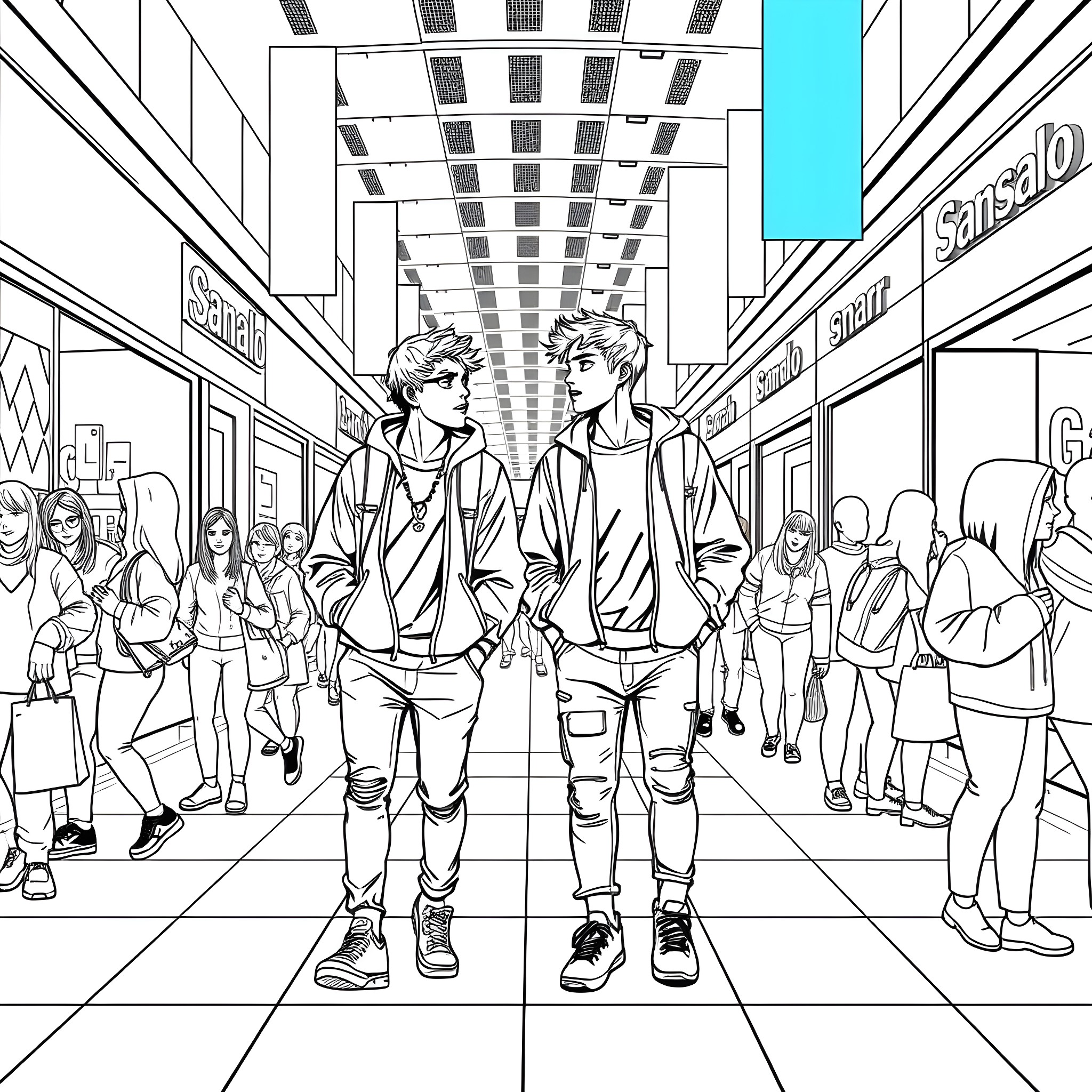 Teen Guys Walking in Busy Shopping Mall Coloring Page (free black-and-white line drawing printable PDF for all, from beginners to advanced learners, including children, teens, adults, and seniors)