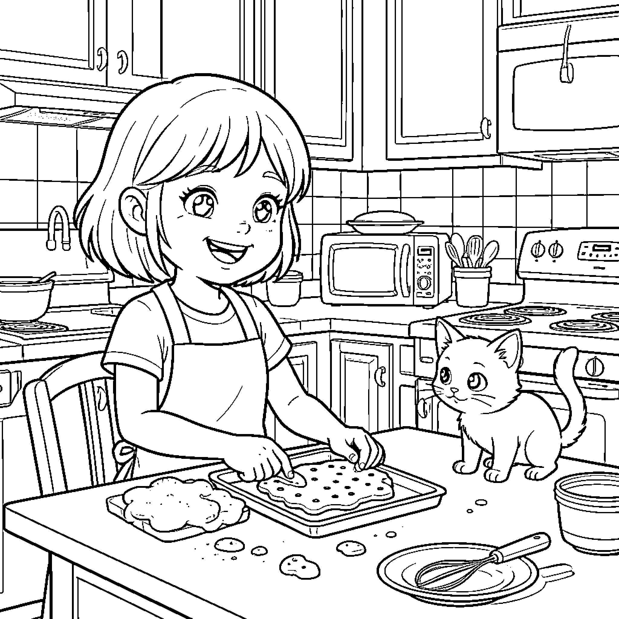 Nina baking cookies with a friendly cat Coloring Page (free black-and-white line drawing printable PDF for all, from beginners to advanced learners, including children, teens, adults, and seniors)