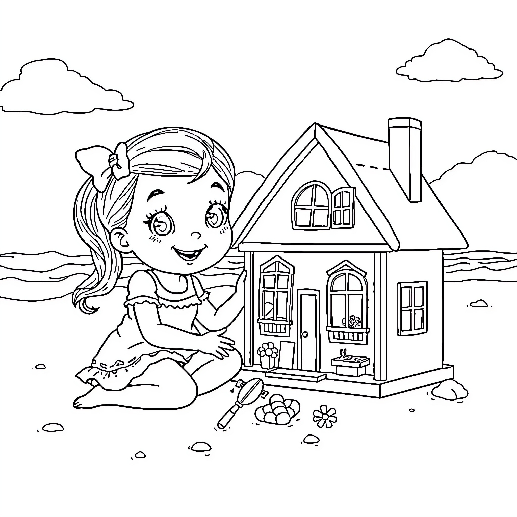 Gabby Dollhouse: Girl playing with toy house in the park Coloring Page (free black-and-white line drawing printable PDF for all, from beginners to advanced learners, including children, teens, adults, and seniors)