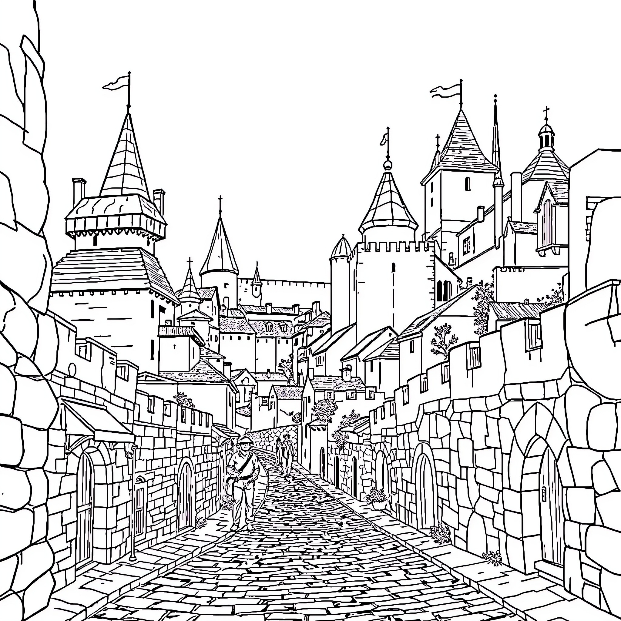 Indiana Jones exploring a medieval European town Coloring Page (free black-and-white line drawing printable PDF for all, from beginners to advanced learners, including children, teens, adults, and seniors)