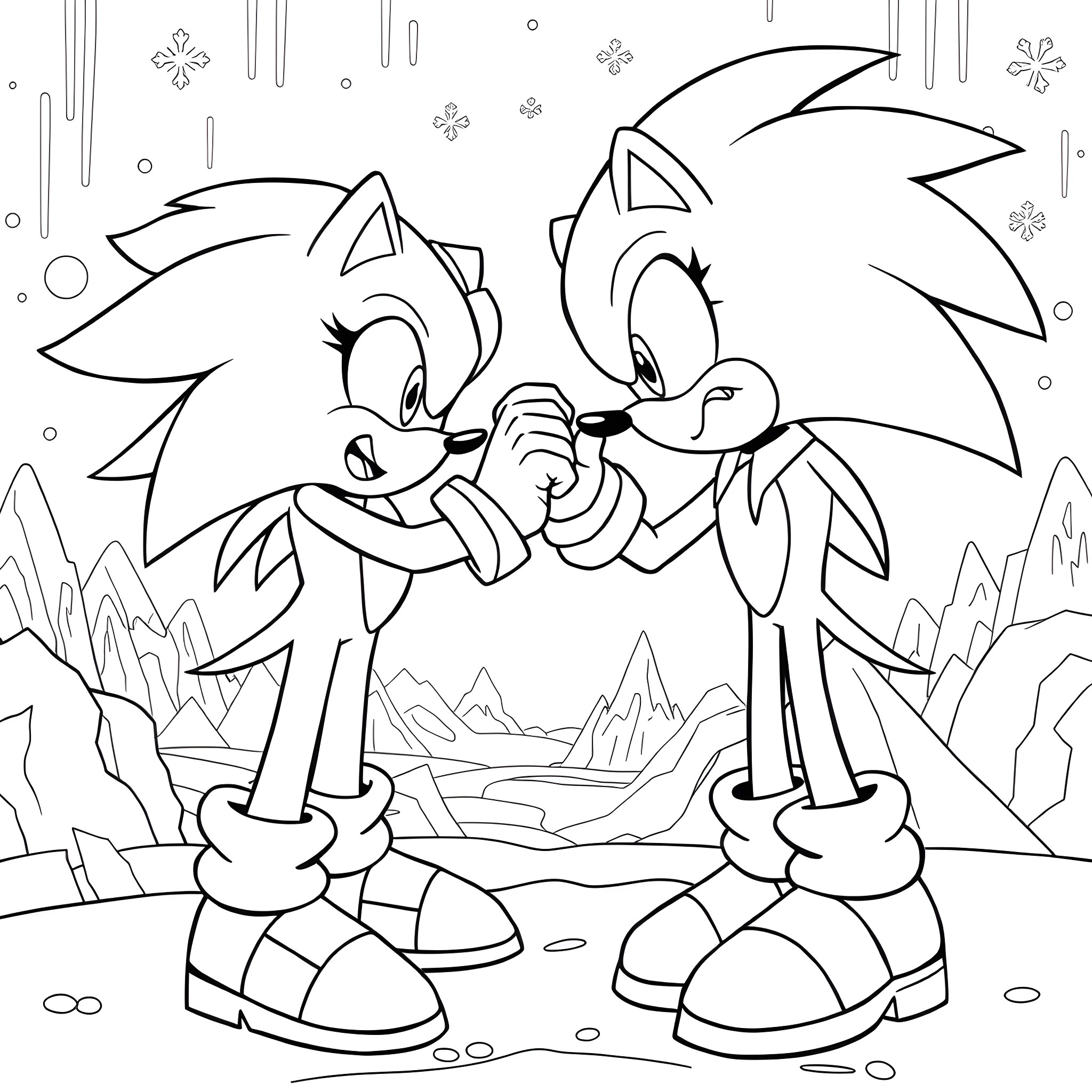 Sonic characters hugging and playing happily Coloring Page (free black-and-white line drawing printable PDF for all, from beginners to advanced learners, including children, teens, adults, and seniors)