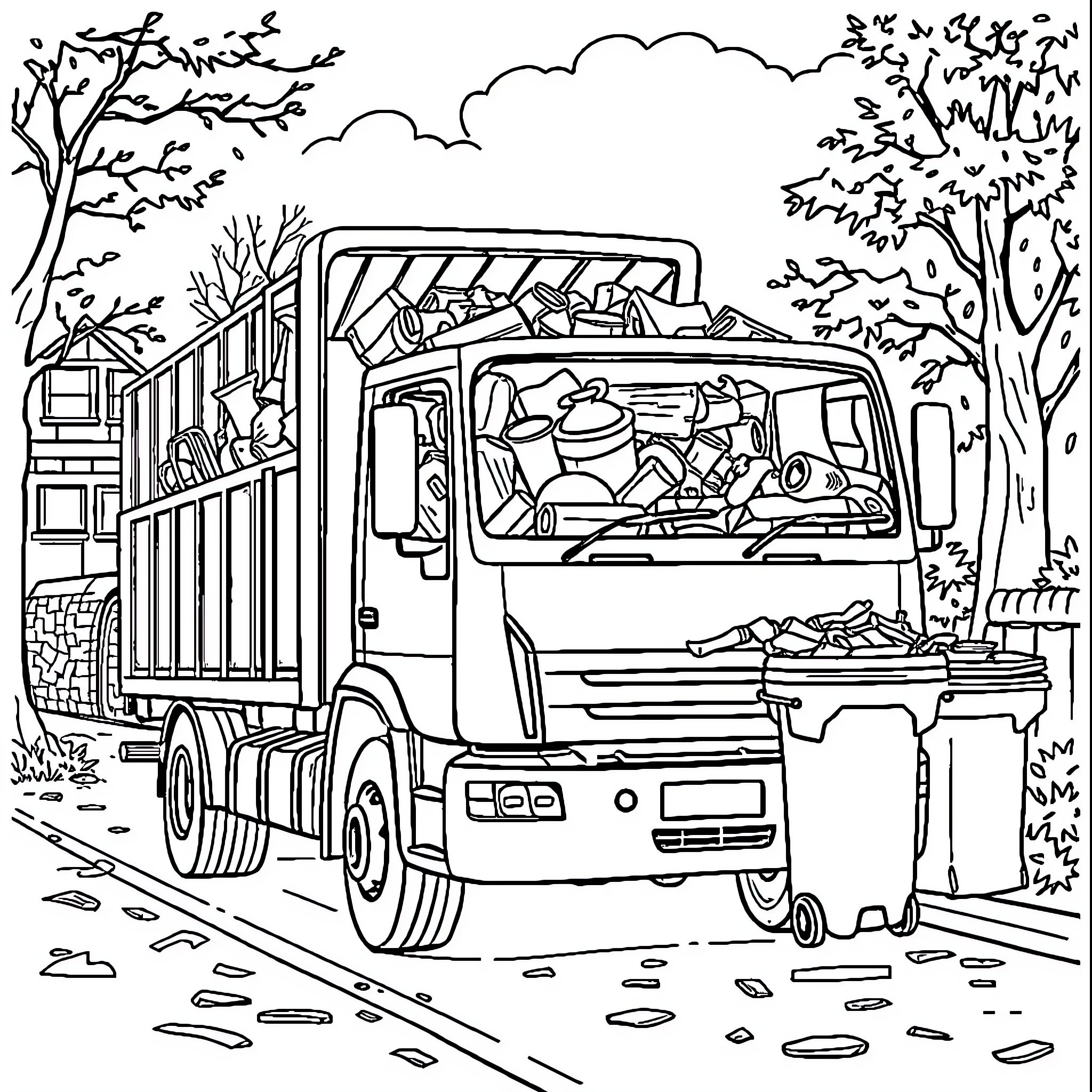 Recycling Lorry Transporting Collected Materials Coloring Page (free black-and-white line drawing printable PDF for all, from beginners to advanced learners, including children, teens, adults, and seniors)