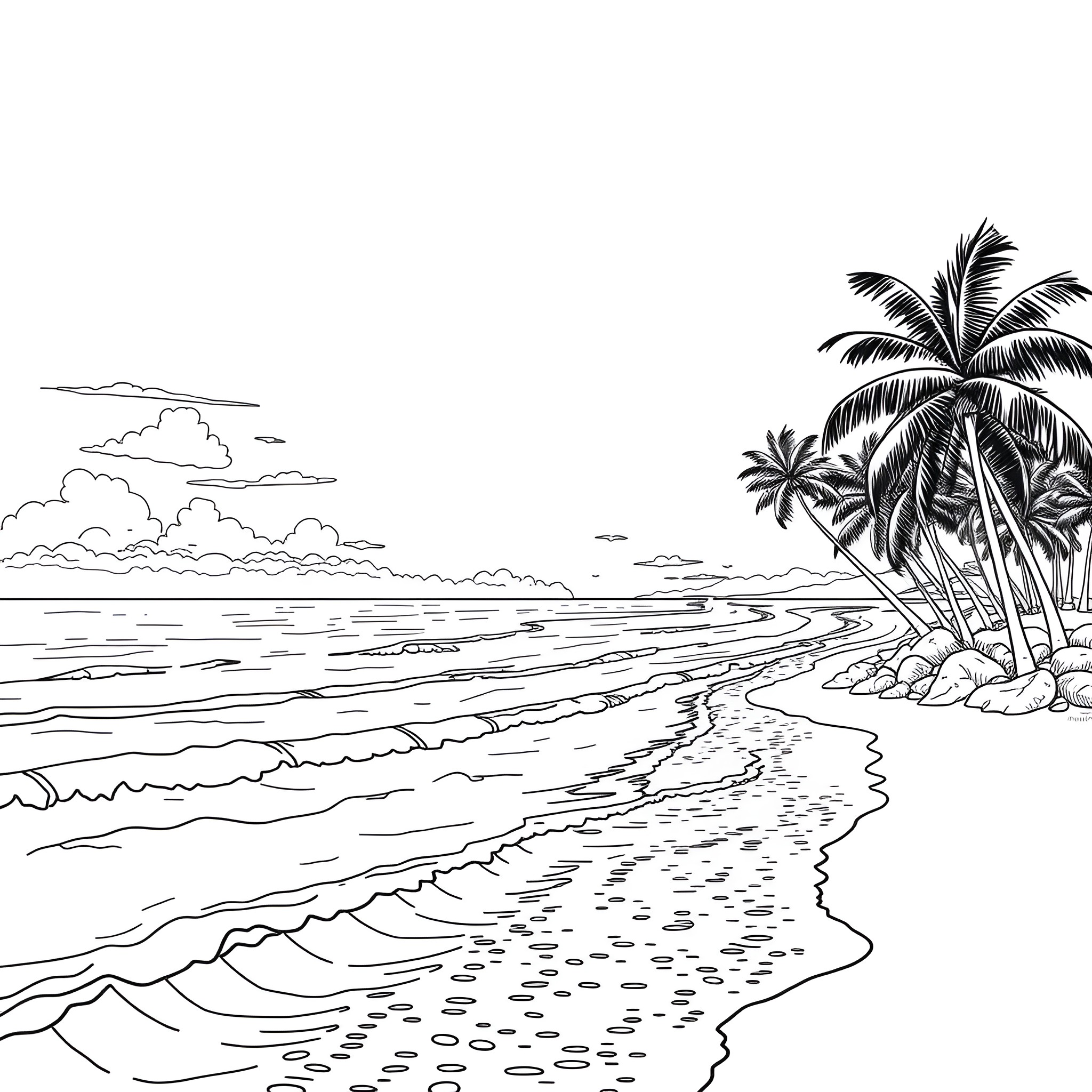 Sea Shore with Swaying Palm Trees Coloring Page (free black-and-white line drawing printable PDF for all, from beginners to advanced learners, including children, teens, adults, and seniors)