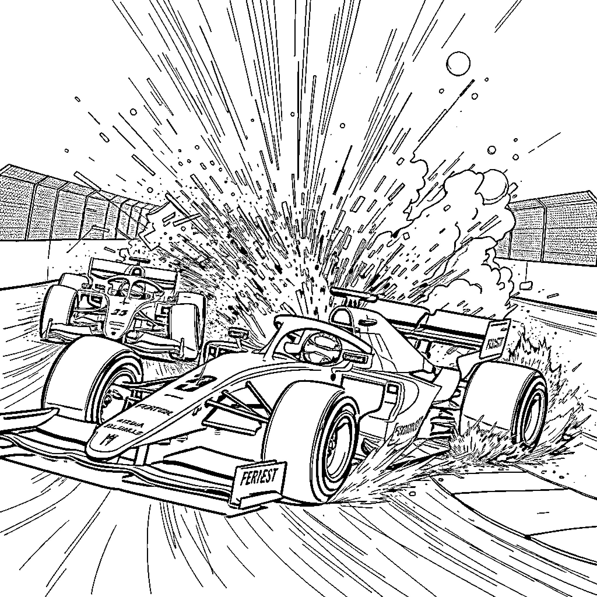 Formula 1 Racing Cars in Explosive Crash Coloring Page (free black-and-white line drawing printable PDF for all, from beginners to advanced learners, including children, teens, adults, and seniors)