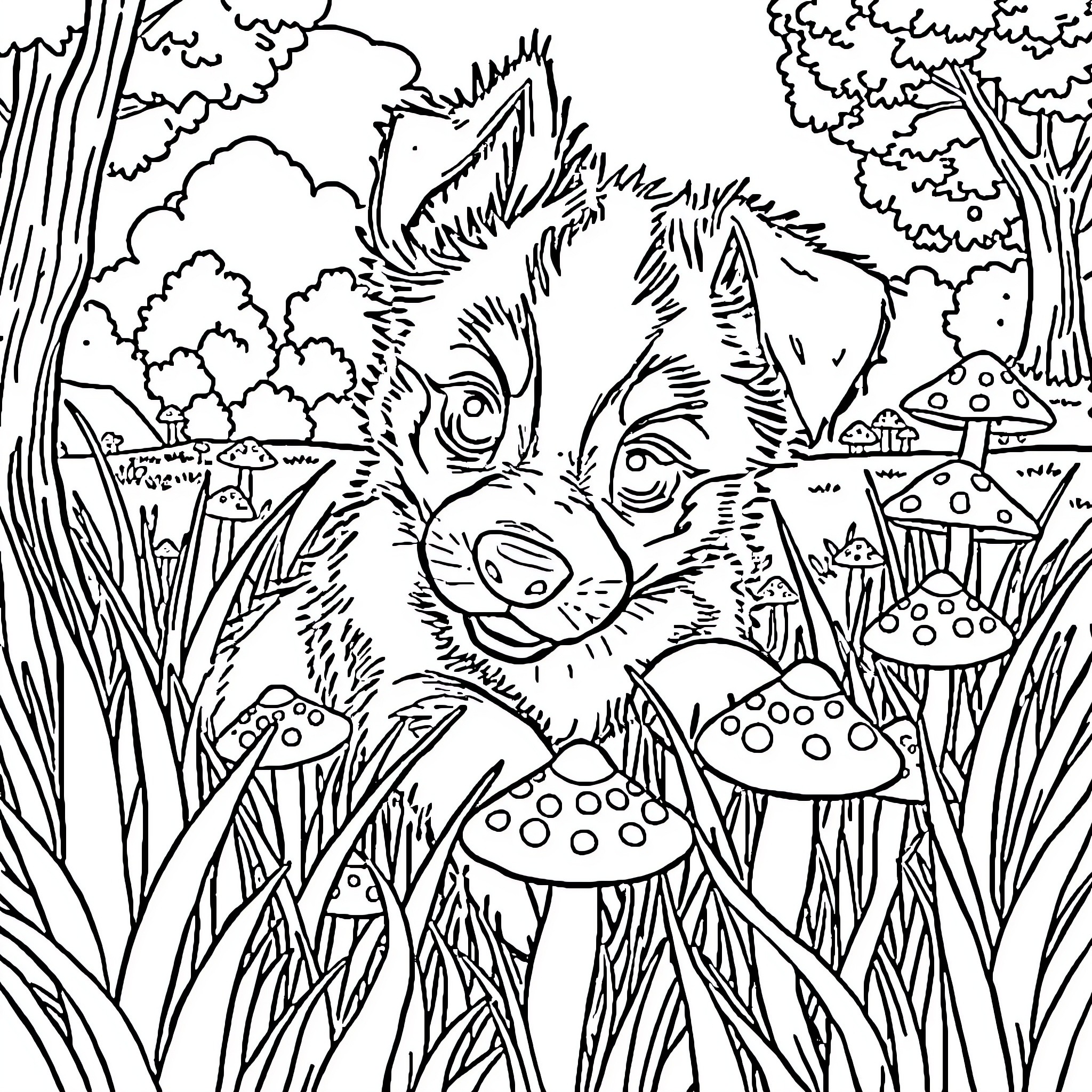 Bluey Exploring the Enchanted Forest Coloring Page (free black-and-white line drawing printable PDF for all, from beginners to advanced learners, including children, teens, adults, and seniors)