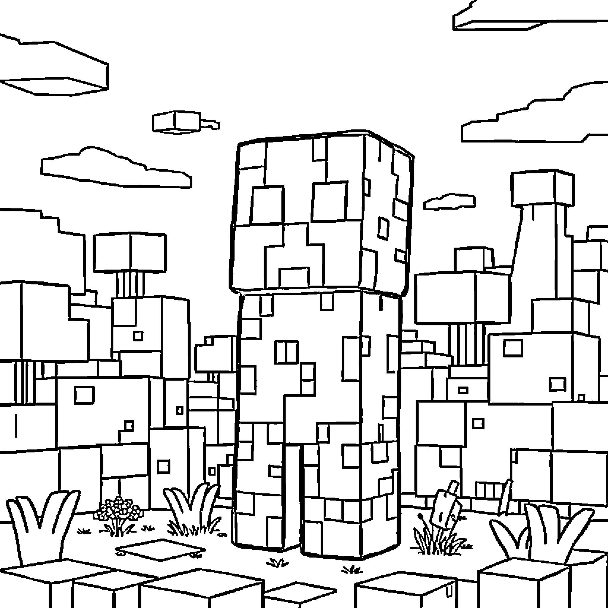 Creeper exploring the blocky cityscape Coloring Page (free black-and-white line drawing printable PDF for all, from beginners to advanced learners, including children, teens, adults, and seniors)