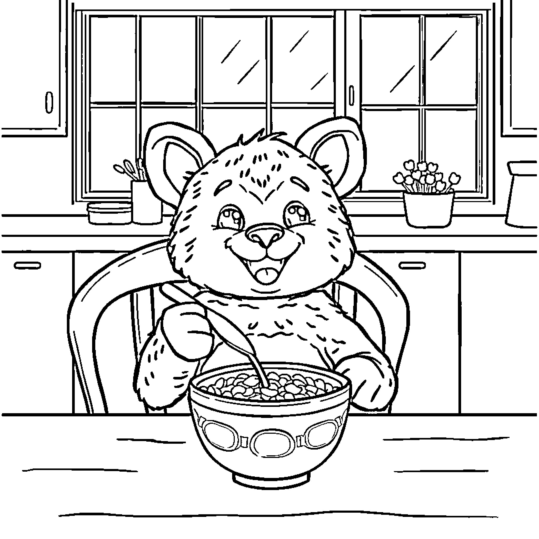 Labubu enjoys a cozy breakfast in the kitchen Coloring Page (free black-and-white line drawing printable PDF for all, from beginners to advanced learners, including children, teens, adults, and seniors)