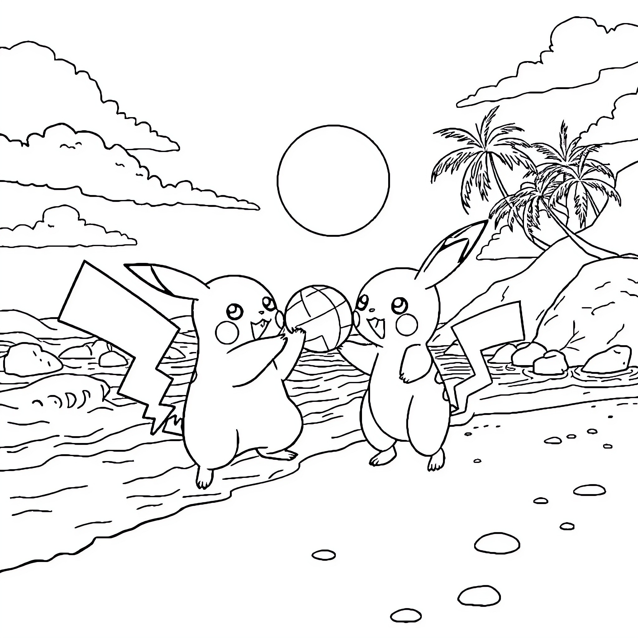 Pikachu playing happily on a tropical beach Coloring Page (free black-and-white line drawing printable PDF for all, from beginners to advanced learners, including children, teens, adults, and seniors)
