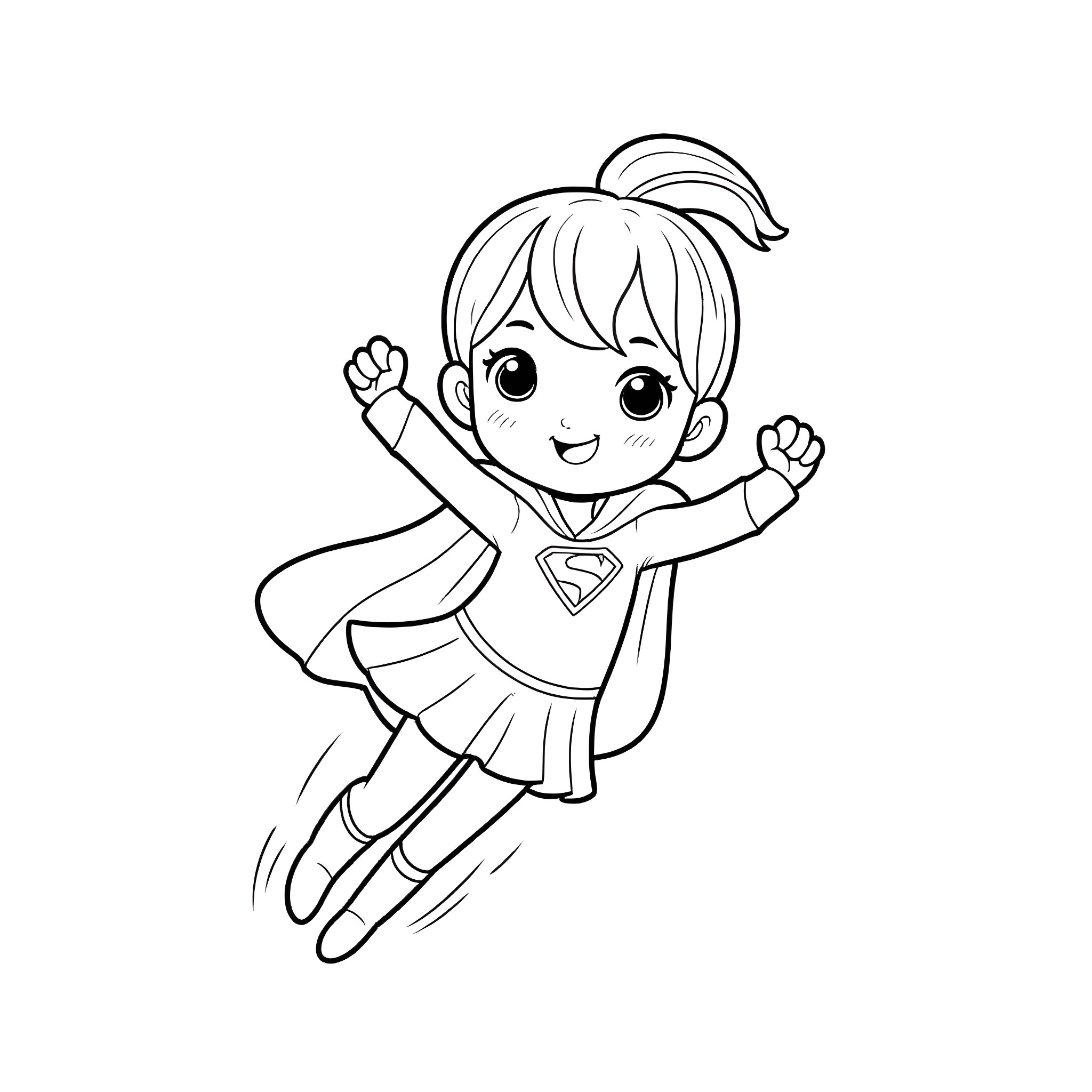 Girl superhero in flying action pose Coloring Page (free black-and-white line drawing printable PDF for all, from beginners to advanced learners, including children, teens, adults, and seniors)