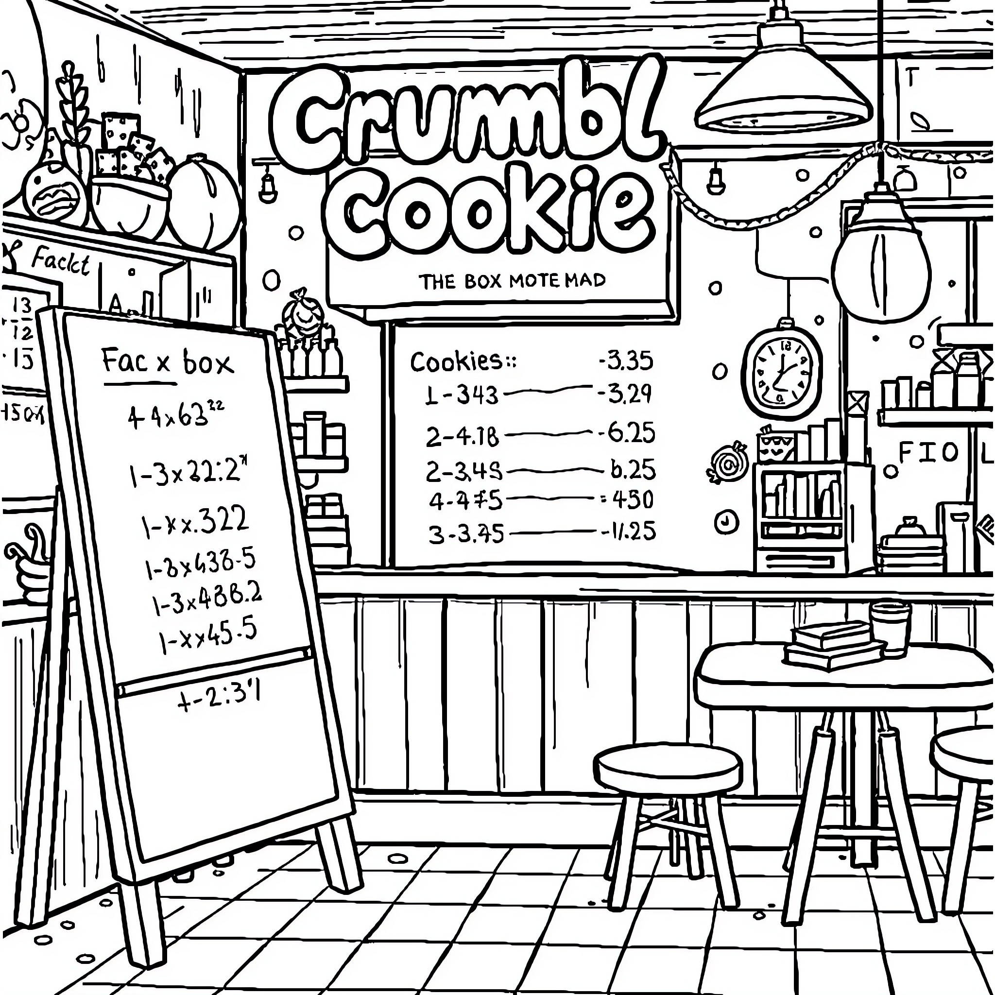 Polynomial Mathematical Cookie Shop Coloring Page (free black-and-white line drawing printable PDF for all, from beginners to advanced learners, including children, teens, adults, and seniors)