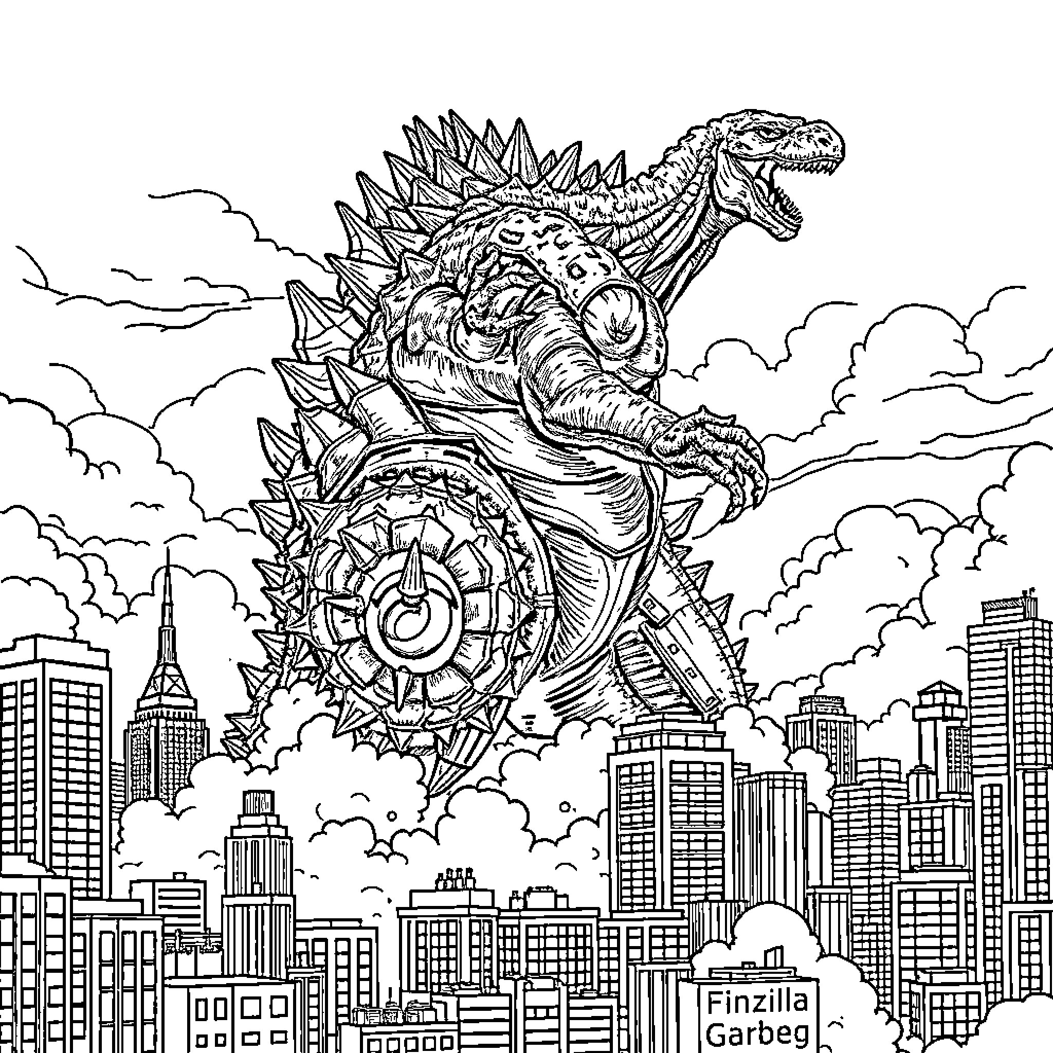 Godzilla destroying the city with its mighty power Coloring Page (free black-and-white line drawing printable PDF for all, from beginners to advanced learners, including children, teens, adults, and seniors)