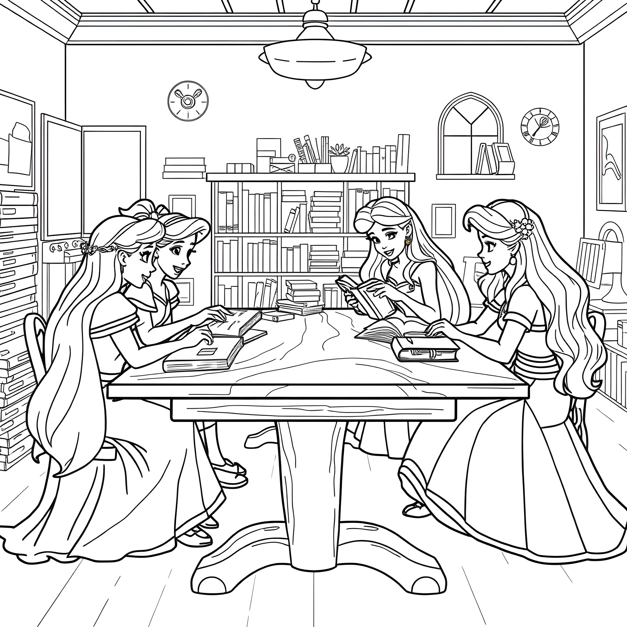Disney Princess Study Session in the Library Coloring Page (free black-and-white line drawing printable PDF for all, from beginners to advanced learners, including children, teens, adults, and seniors)