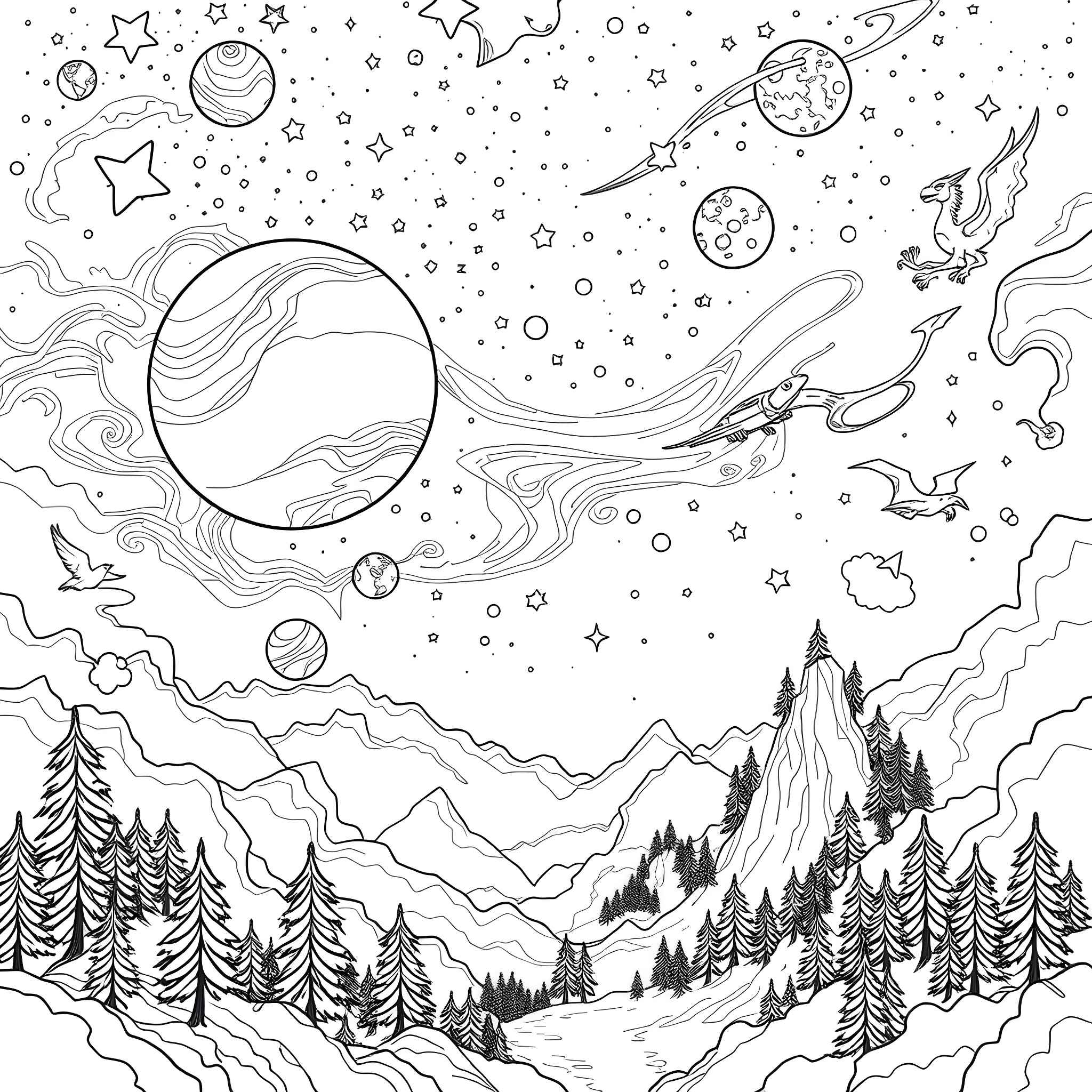 Galaxy of Celestial Wonders and Wilderness Landscapes Coloring Page (free black-and-white line drawing printable PDF for all, from beginners to advanced learners, including children, teens, adults, and seniors)