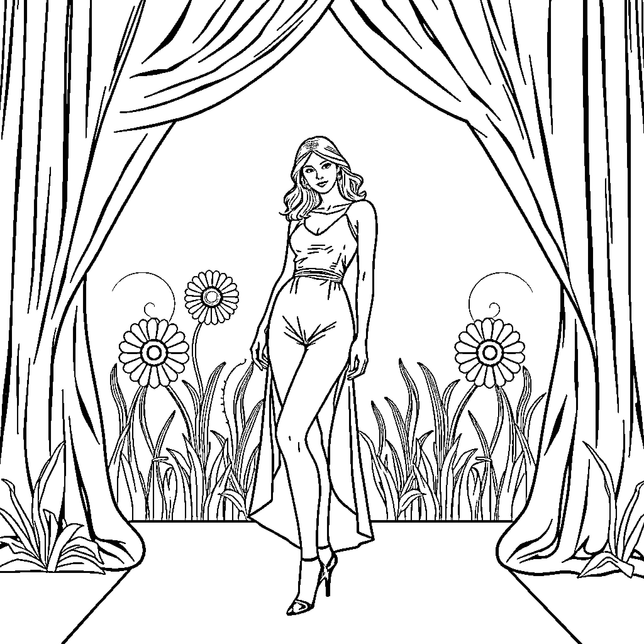 Model walking confidently on a floral stage Coloring Page (free black-and-white line drawing printable PDF for all, from beginners to advanced learners, including children, teens, adults, and seniors)