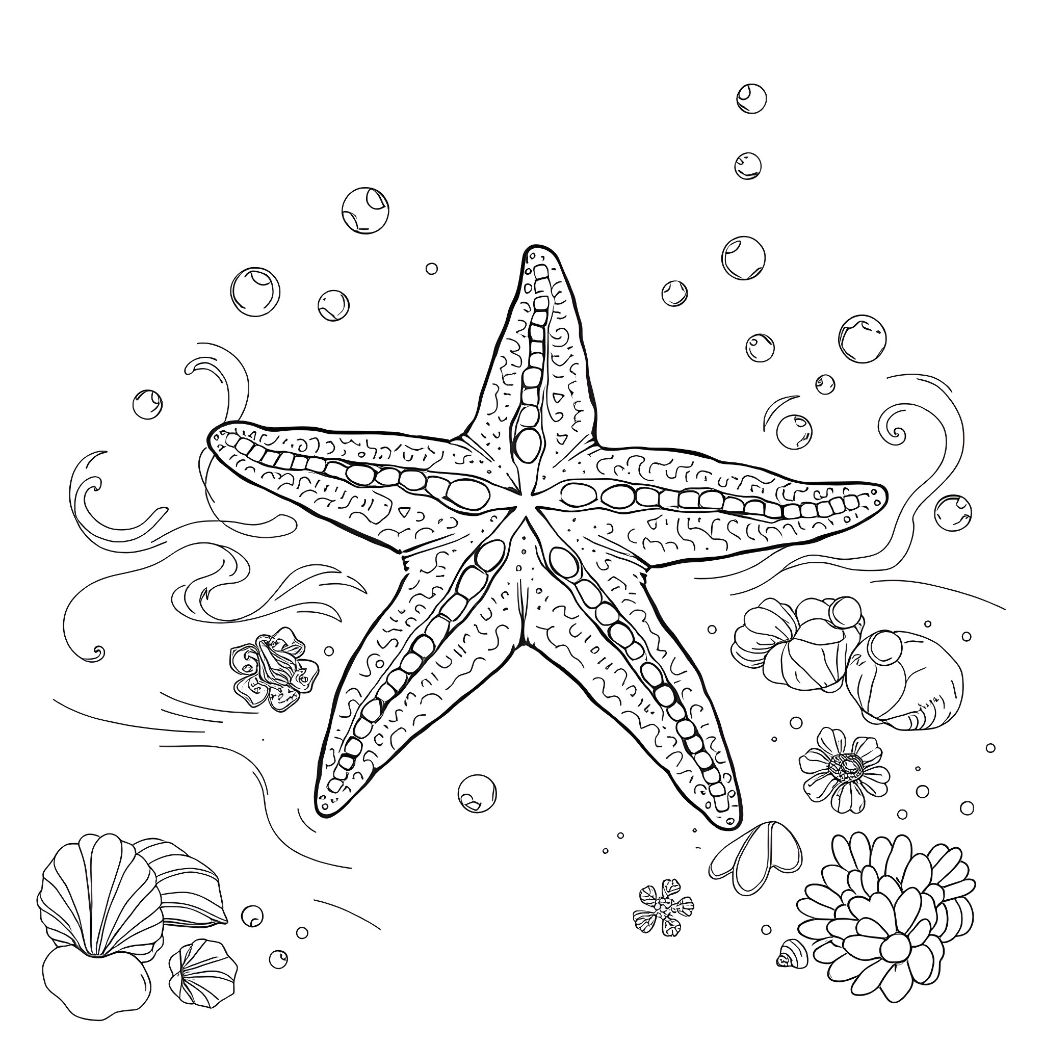 Starfish amidst underwater flora and bubbles Coloring Page (free black-and-white line drawing printable PDF for all, from beginners to advanced learners, including children, teens, adults, and seniors)