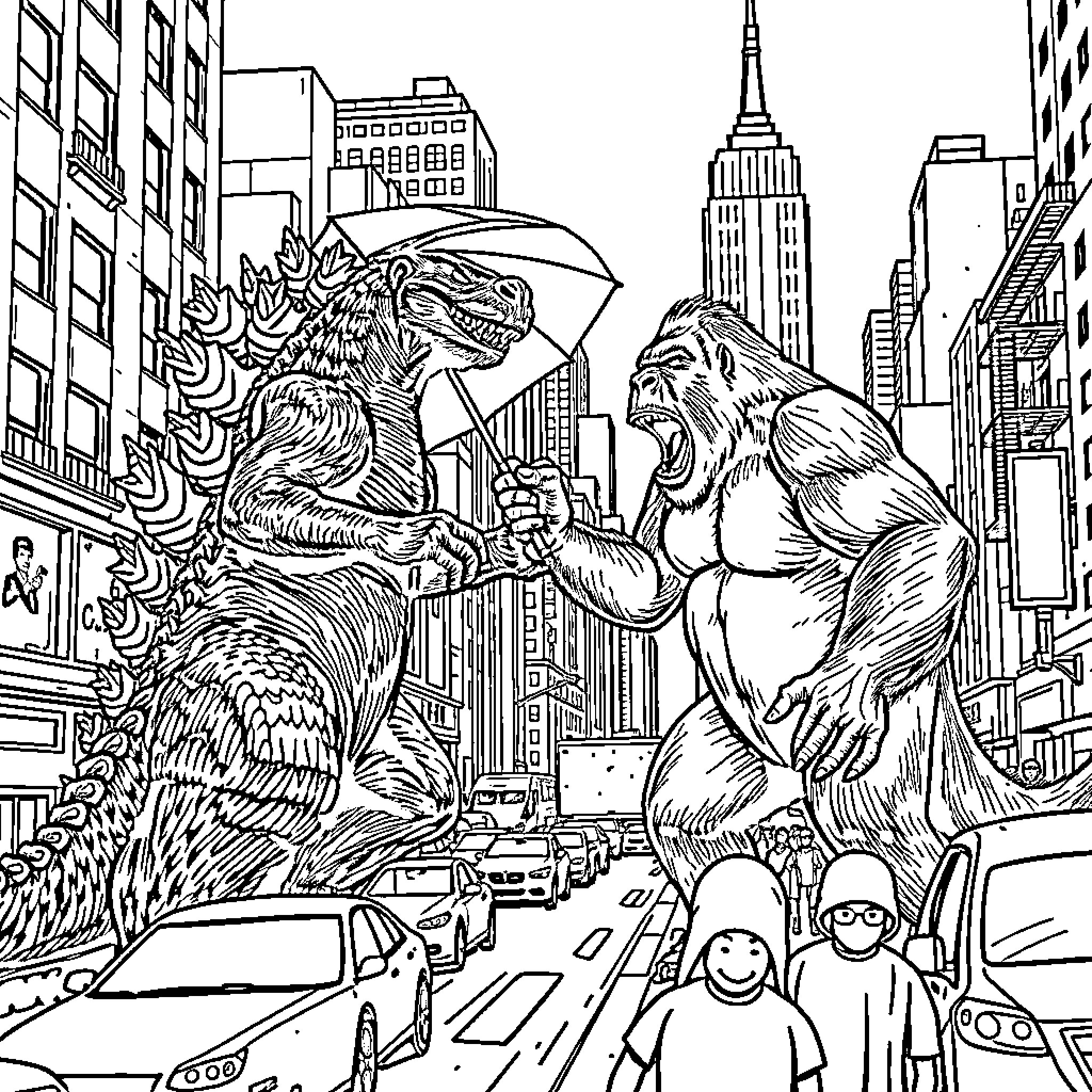 Godzilla and King Kong battle in the city Coloring Page (free black-and-white line drawing printable PDF for all, from beginners to advanced learners, including children, teens, adults, and seniors)