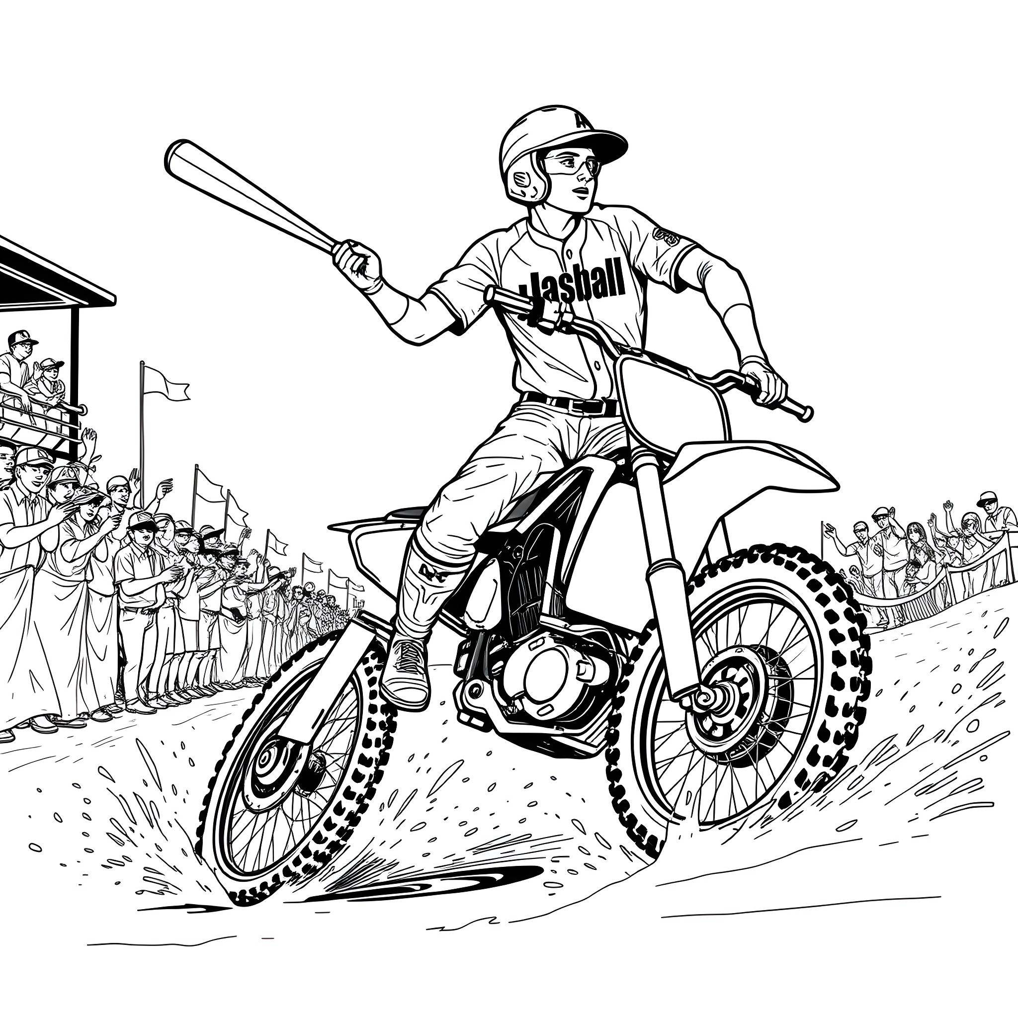 Baseball player racing on dirt bike in stadium Coloring Page (free black-and-white line drawing printable PDF for all, from beginners to advanced learners, including children, teens, adults, and seniors)