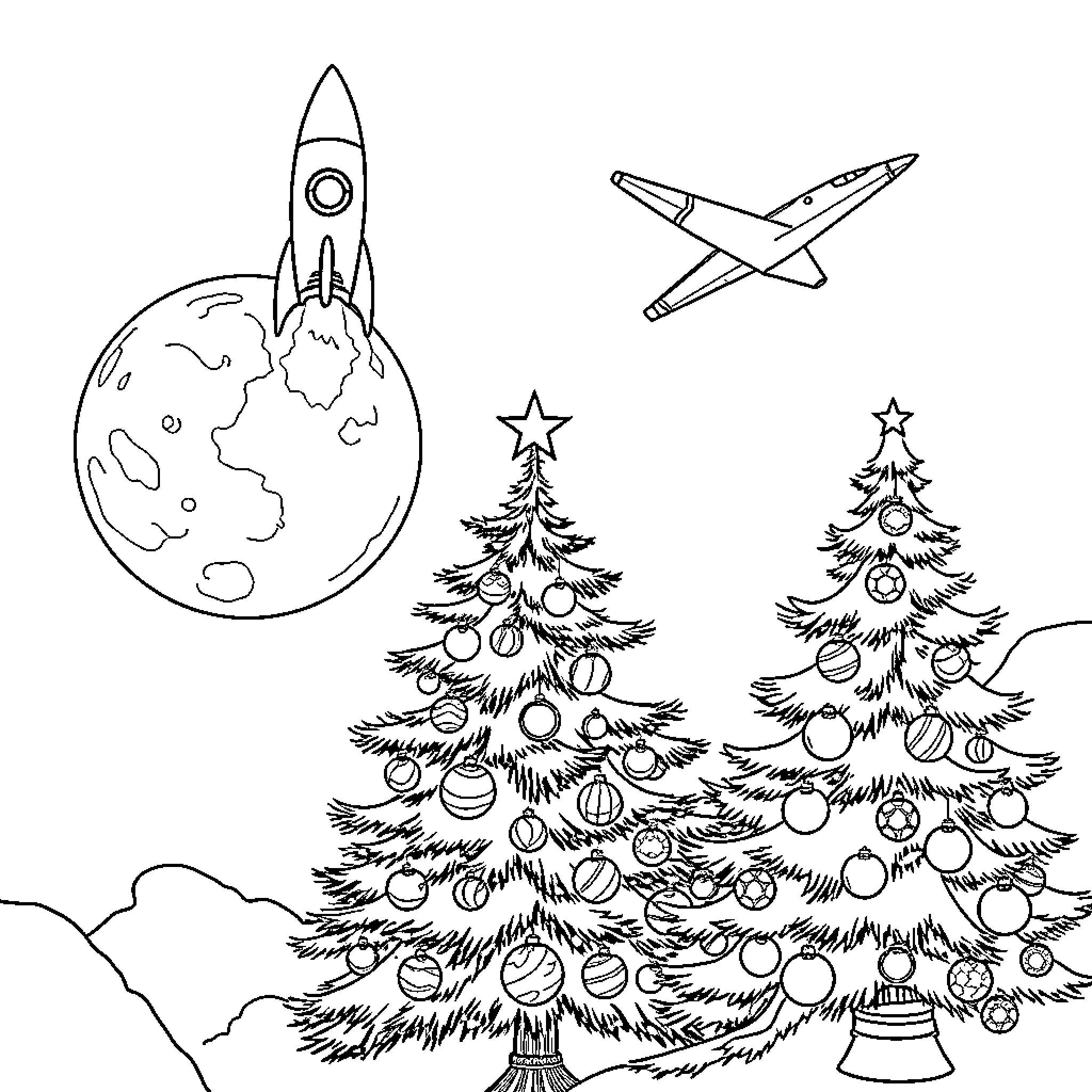 Rocket Launches and Christmas Trees in Space Coloring Page (free black-and-white line drawing printable PDF for all, from beginners to advanced learners, including children, teens, adults, and seniors)
