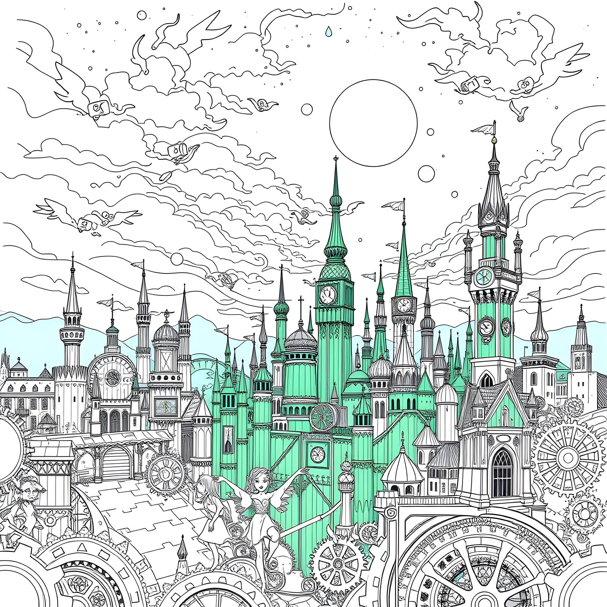 Emerald City skyline with fantastical architecture and whimsical elements Coloring Page (free black-and-white line drawing printable PDF for all, from beginners to advanced learners, including children, teens, adults, and seniors)