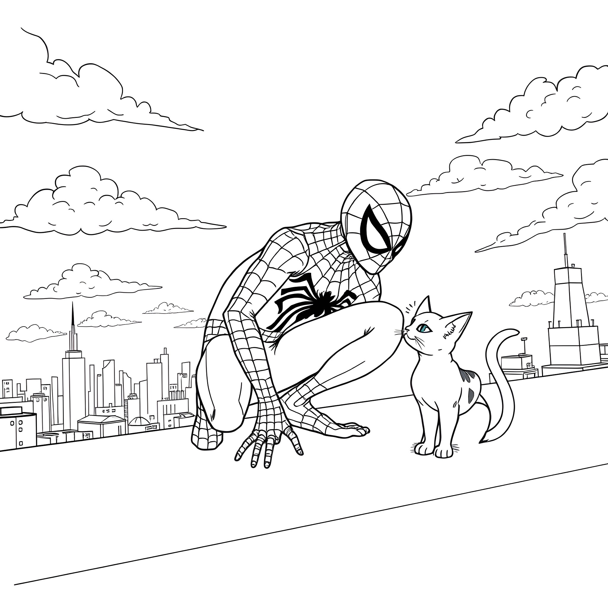 Spidey and his feline friend in the city Coloring Page (free black-and-white line drawing printable PDF for all, from beginners to advanced learners, including children, teens, adults, and seniors)