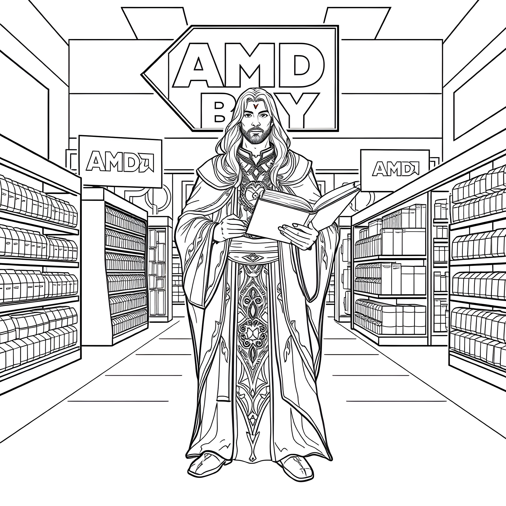 AMD Deity in Aisle of Technology Coloring Page (free black-and-white line drawing printable PDF for all, from beginners to advanced learners, including children, teens, adults, and seniors)