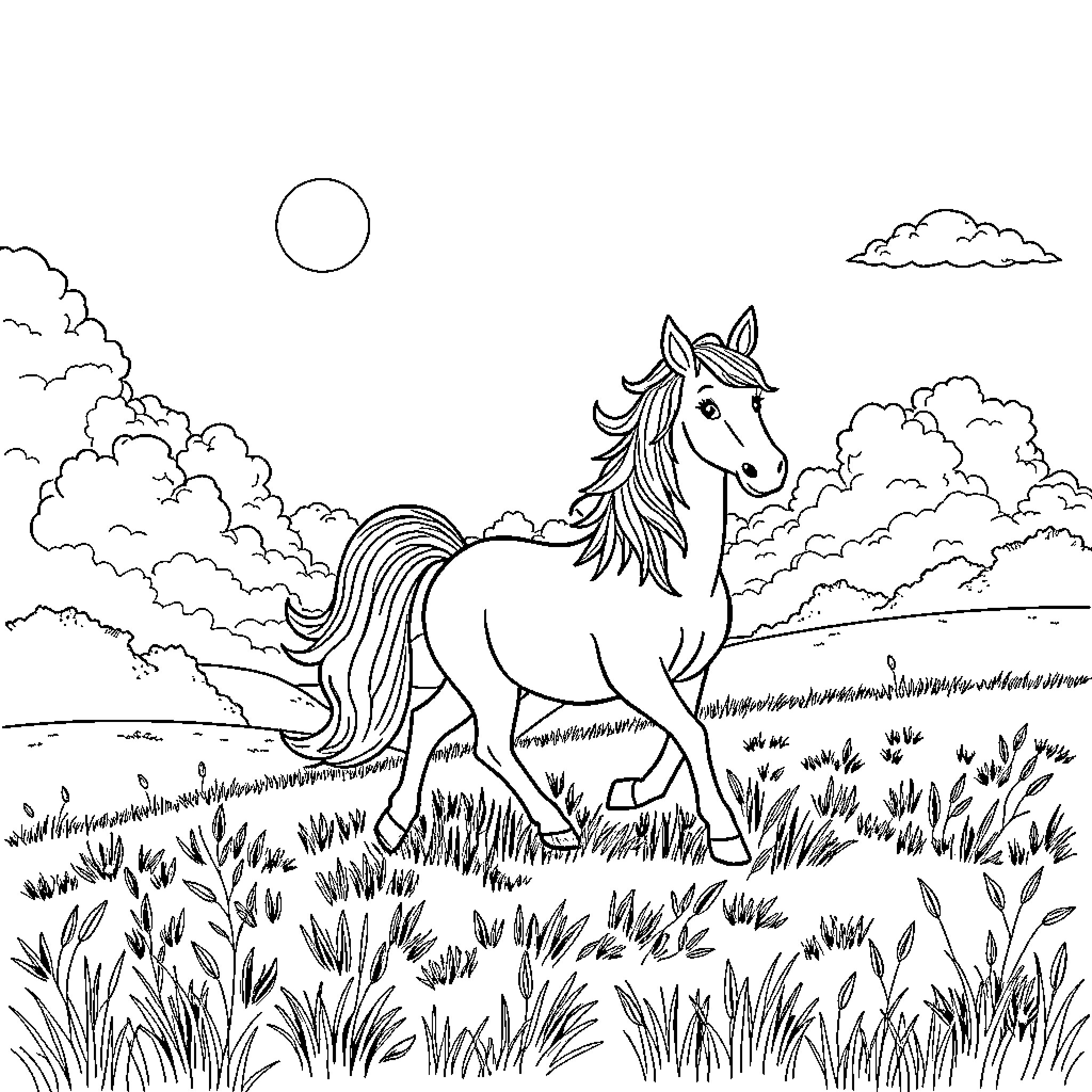 Pony galloping through a grassy field under the sun Coloring Page (free black-and-white line drawing printable PDF for all, from beginners to advanced learners, including children, teens, adults, and seniors)