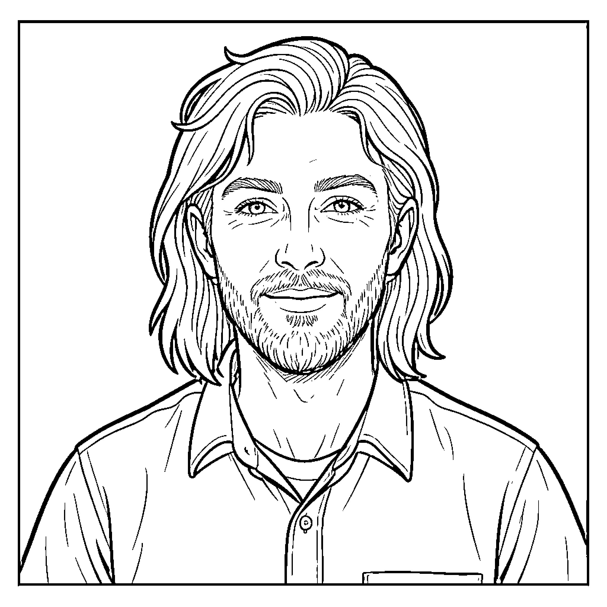 Me with long hair and beard in casual outfit Coloring Page (free black-and-white line drawing printable PDF for all, from beginners to advanced learners, including children, teens, adults, and seniors)