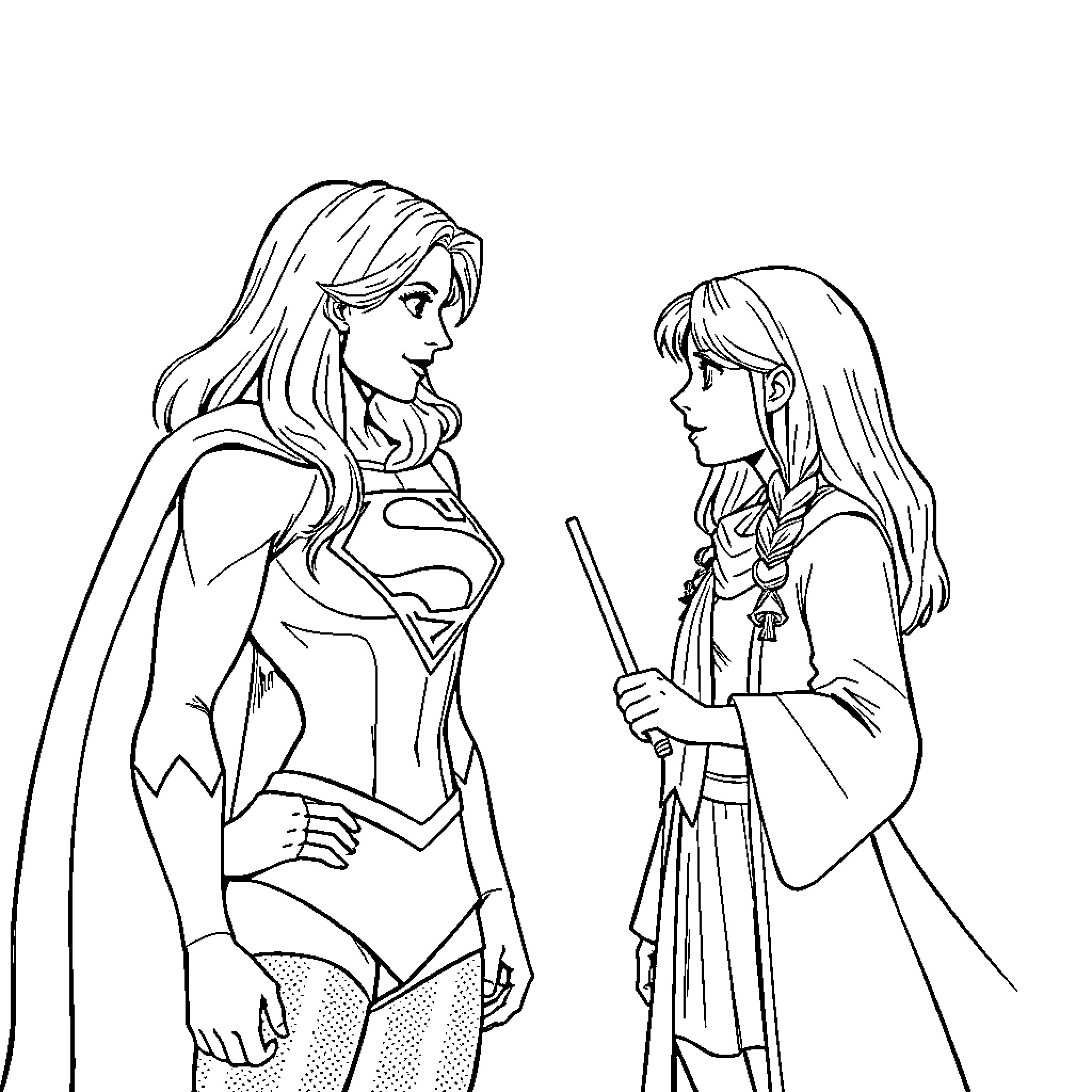 Supergirl and young sidekick in heroic adventure Coloring Page (free black-and-white line drawing printable PDF for all, from beginners to advanced learners, including children, teens, adults, and seniors)