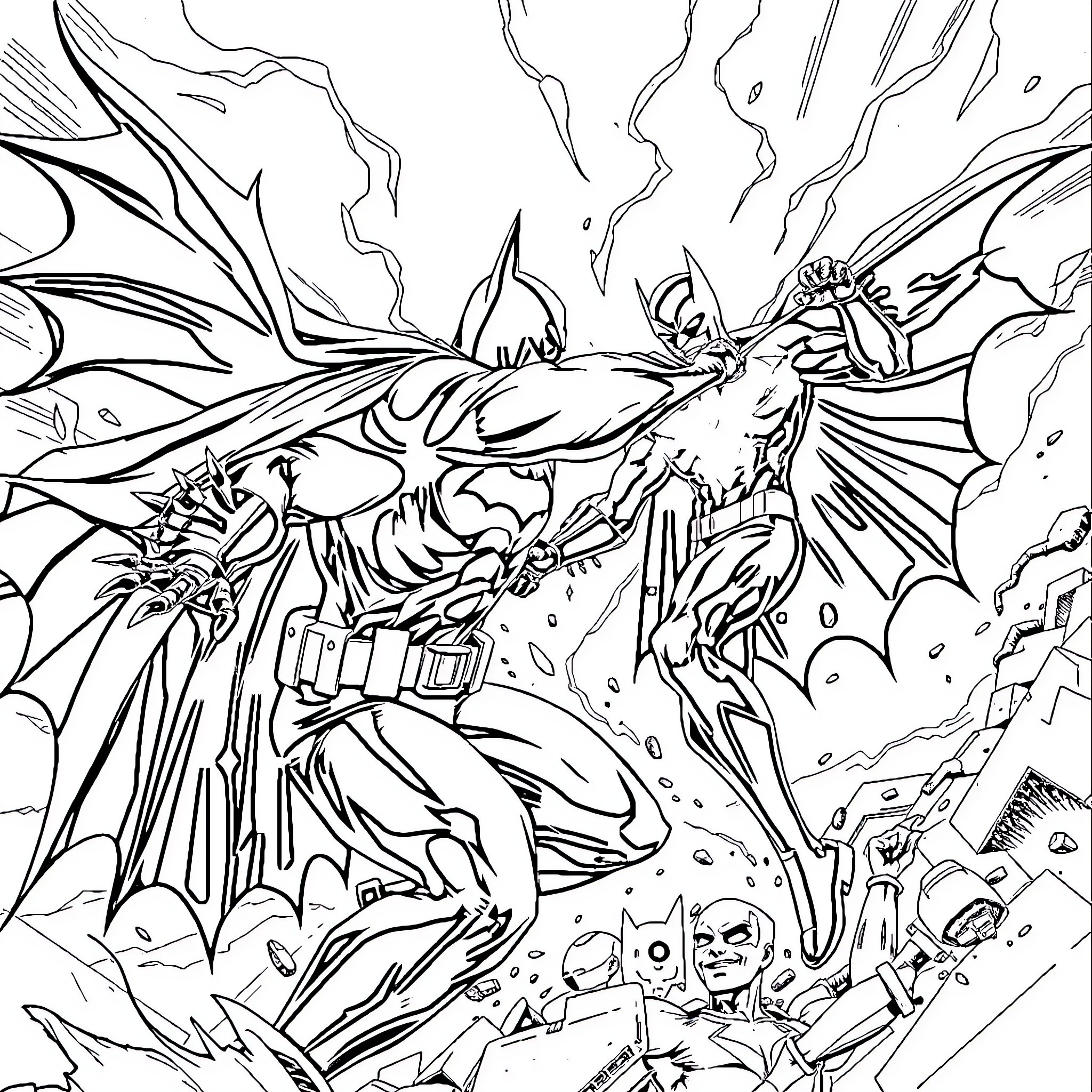 Batman's epic battle with a fierce dragon Coloring Page (free black-and-white line drawing printable PDF for all, from beginners to advanced learners, including children, teens, adults, and seniors)
