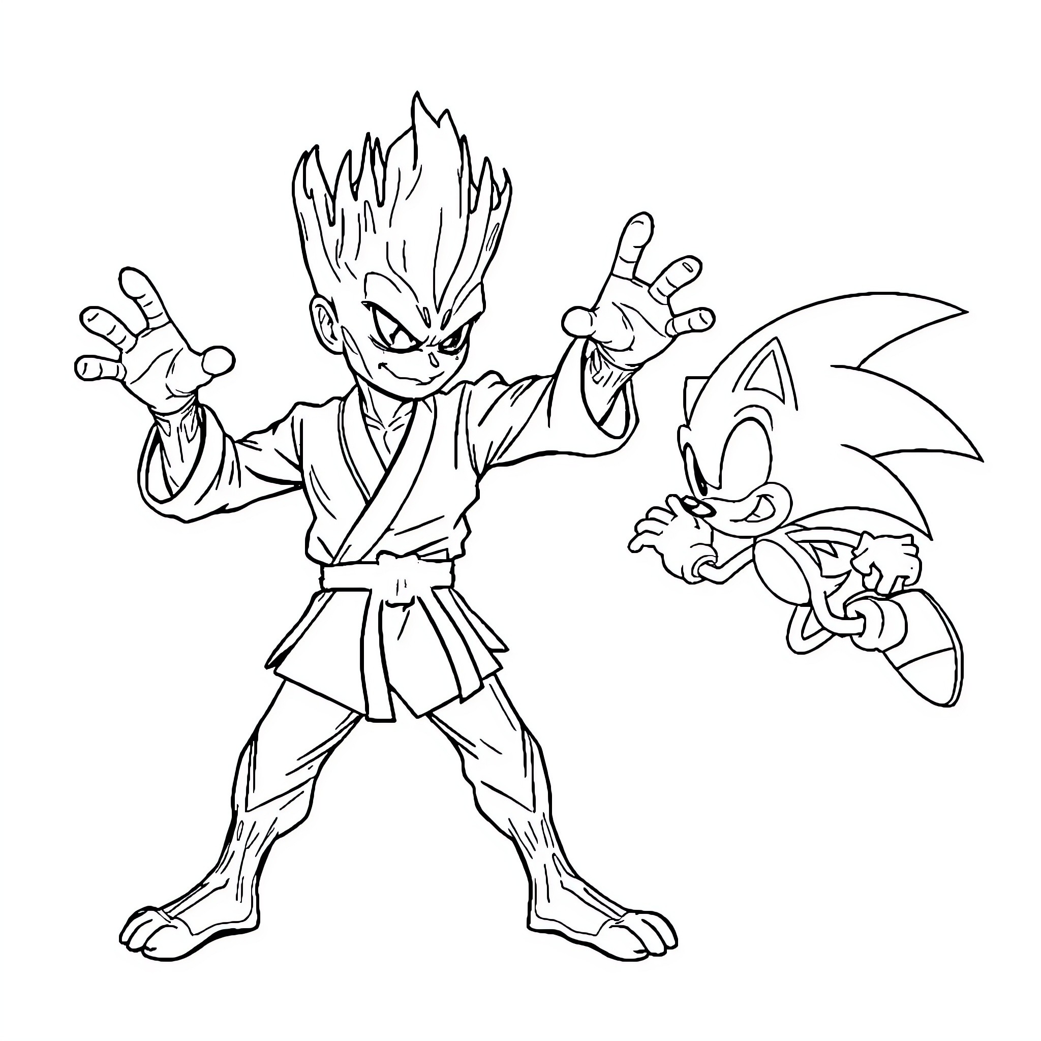 Groot fighting with Sonic the Hedgehog in action poses Coloring Page (free black-and-white line drawing printable PDF for all, from beginners to advanced learners, including children, teens, adults, and seniors)