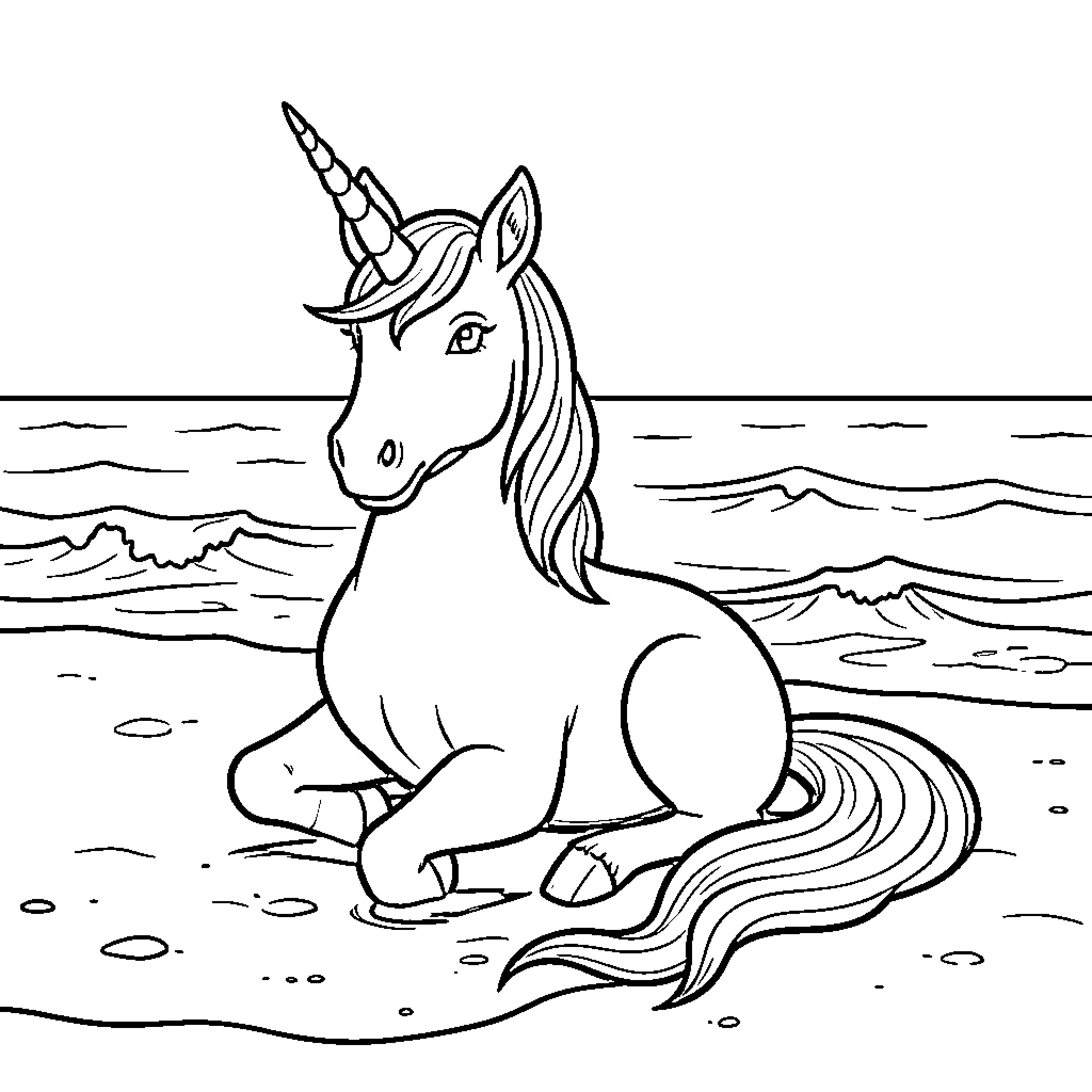 Unicorn resting peacefully on a sandy beach Coloring Page (free black-and-white line drawing printable PDF for all, from beginners to advanced learners, including children, teens, adults, and seniors)